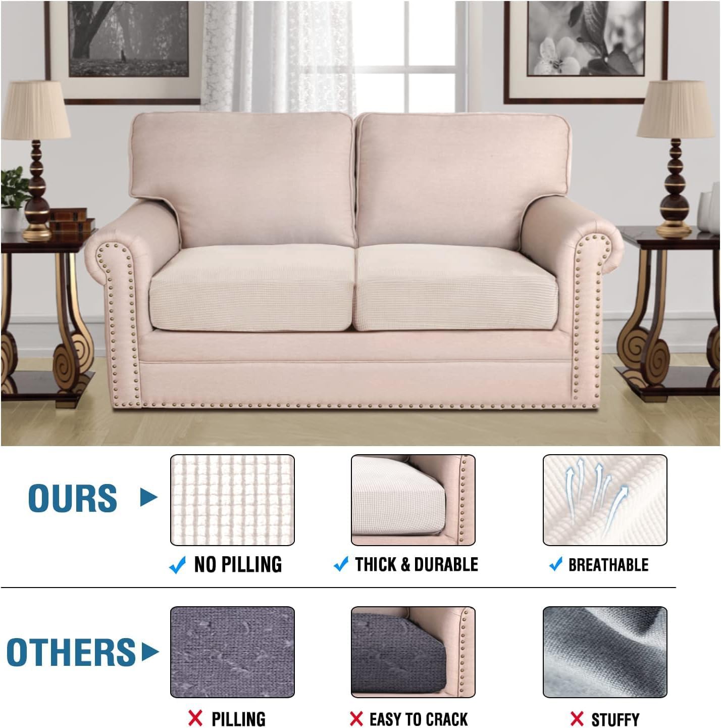 H.VERSAILTEX Super Stretch Individual Seat Cushion Covers Sofa Covers Couch Cushion Covers Slipcover Sets Thick Jacquard Textured Twill Fabric (2 Piece Medium Sofa Cushion Covers, Ivory)