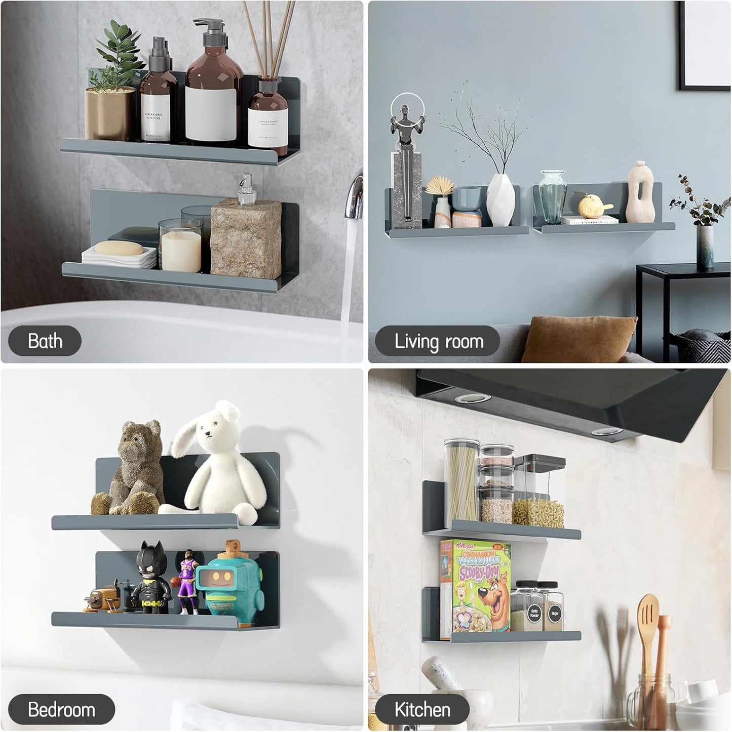 Adhesive Floating Shelves for Wall No Drilling, 12 Inch Acrylic Self Adhesive Shelves, Stick on Shelves, Dorm Wall Shelf, for Bathroom, Kitchen, Bedroom, Office, Gaming Room, Gray