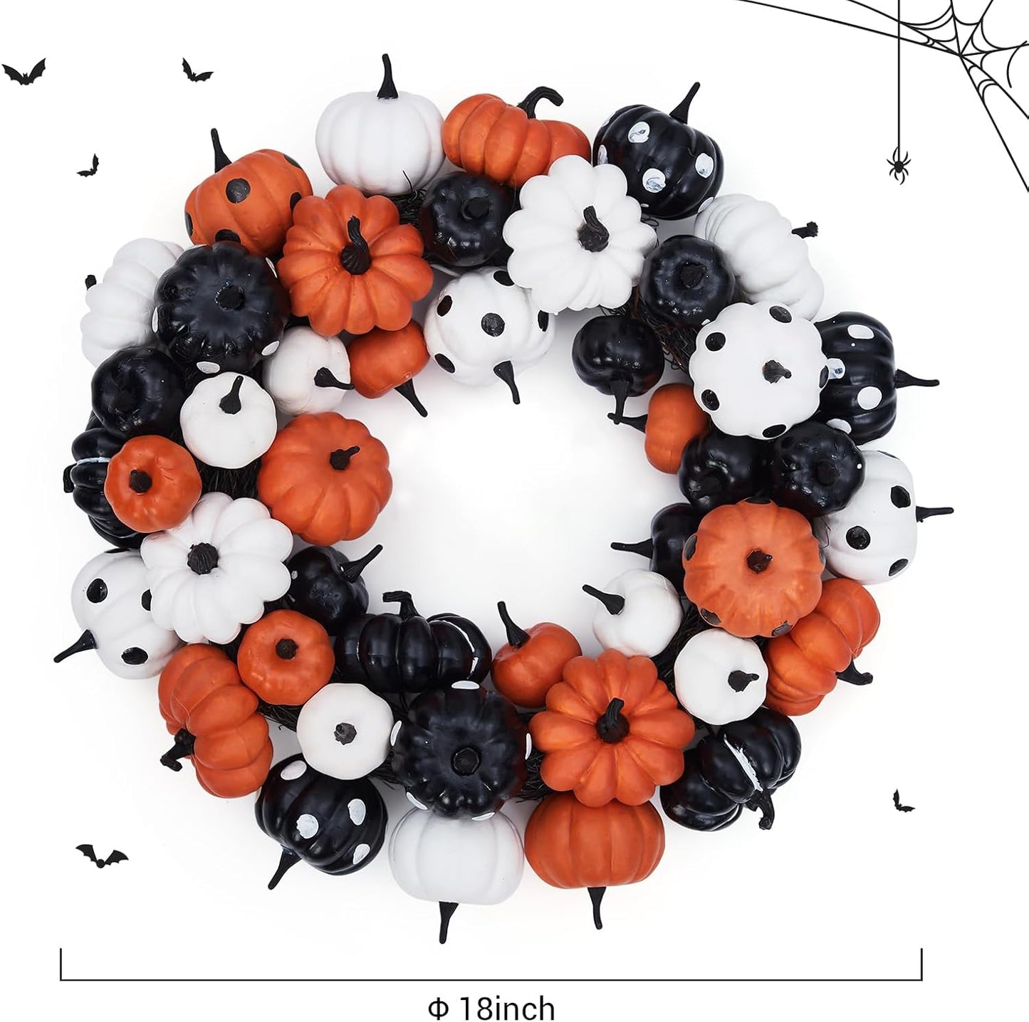 GarveeHome Halloween Pumpkin Wreath for Front Door, 18 Inch Fall Farmhouse Wreath with Orange, Black and White Pumpkins, Rattan Bottom Halloween Indoor Outdoor Home Party Decor