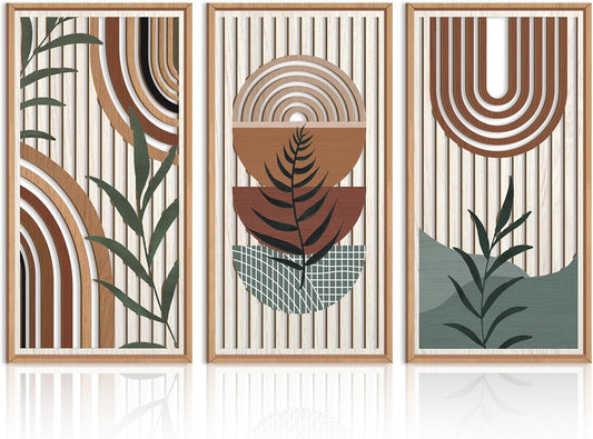 IARTTOP Large Boho Wall Art Set Of 3 Framed Mid Century Modern Wall Decor Abstract Geometric Wood Wall Art For Bedroom Living Room Office 16"x 32"