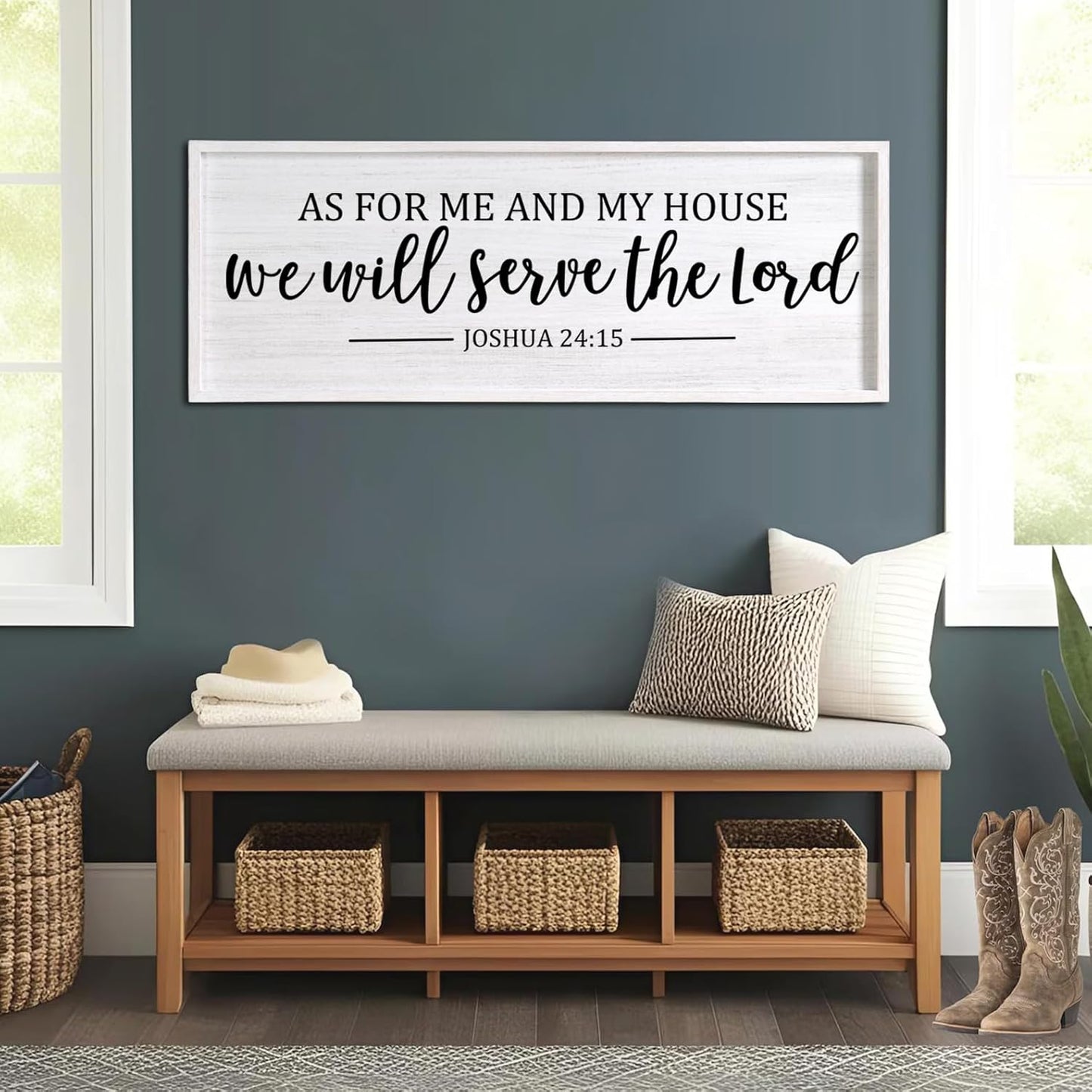 As For Me And My House We Will Serve The Lord Framed Wall Art, 40''×15'' Positive Religious Bible Verse for Christian God Jesus Christ Prayer, Vintage Rustic Long Holy Catholic Scripture Decor