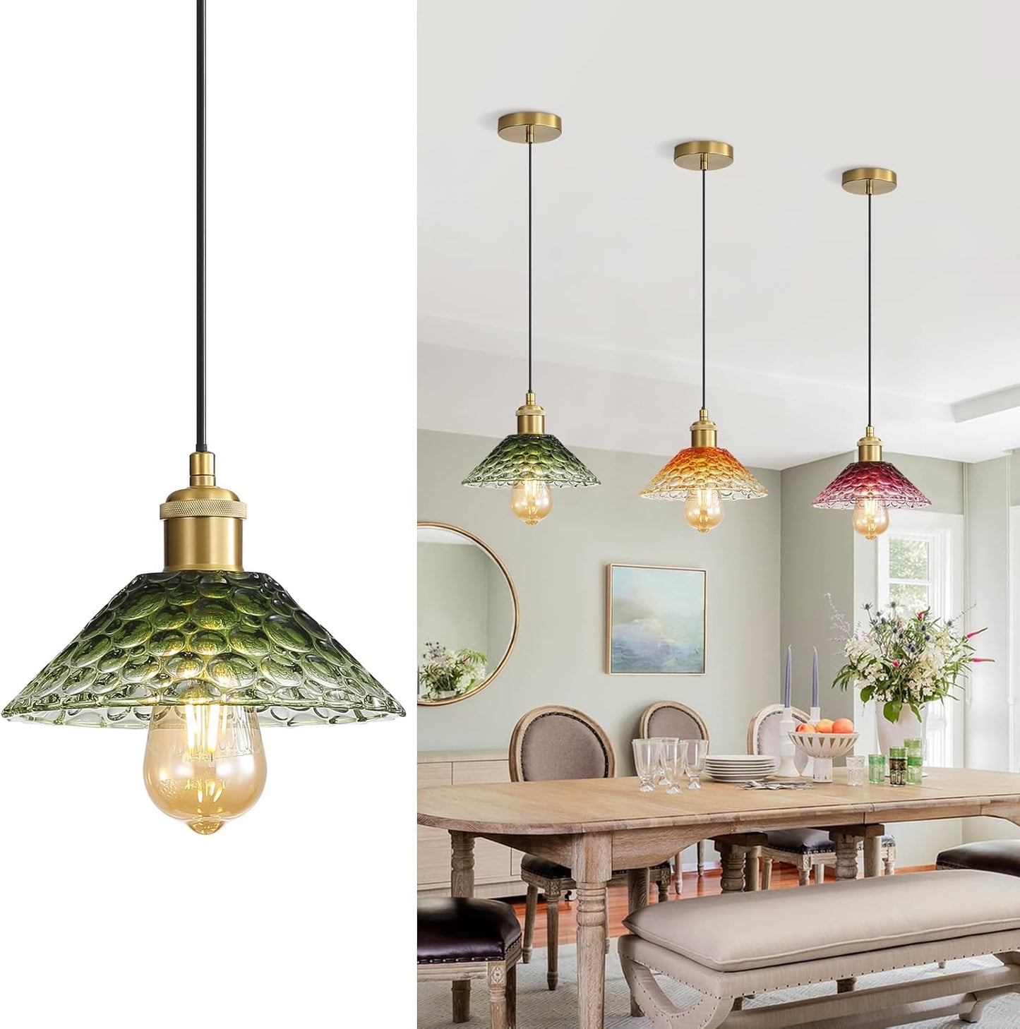 3-Pack Pendant Lights, Modern Glass Ceiling Hanging Light Fixtures,Adjustable Three Color Glass Shades Vintage Gold Chandeliers for Kitchen Island Dining Room Livingroom Entryway Farmhouse Bar