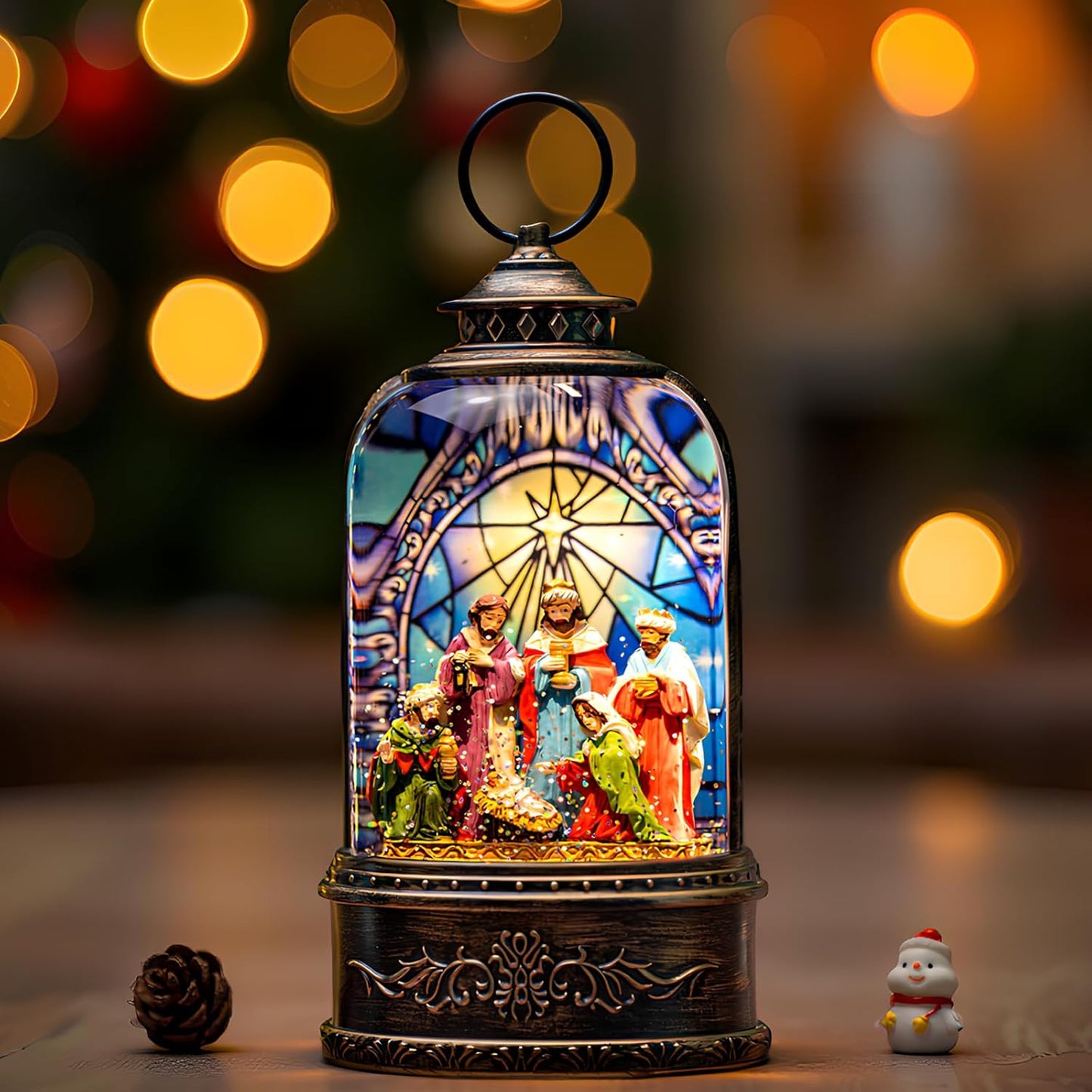 Christmas Snow Globe Swirling Glittering Nativity Scene with Music, USB Lined/Battery Operated Lighted Water Lantern for Christmas Festival Decoration Gifts