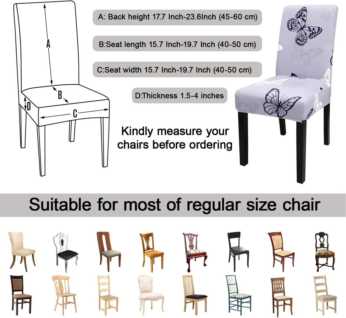 JQinHome Pattern Chair Covers for Dining Room Set of 4, High Stretch Removable Washable Parsons Chair Slipcover for Home Party Hotel Wedding Ceremony (Grey Butterfly,4PCS)