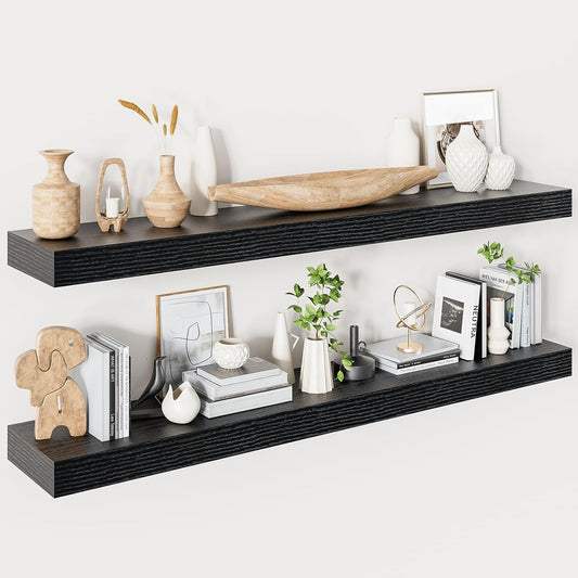 Heimlove Floating Shelves for Wall 48 Inches Long,9.3" Deep Black Floating Shelf Set of 2,Wall Mounted Wood Shelves for Bathroom Bedroom Living Room Kitchen Office,Shelf for Books Storage Room Decor
