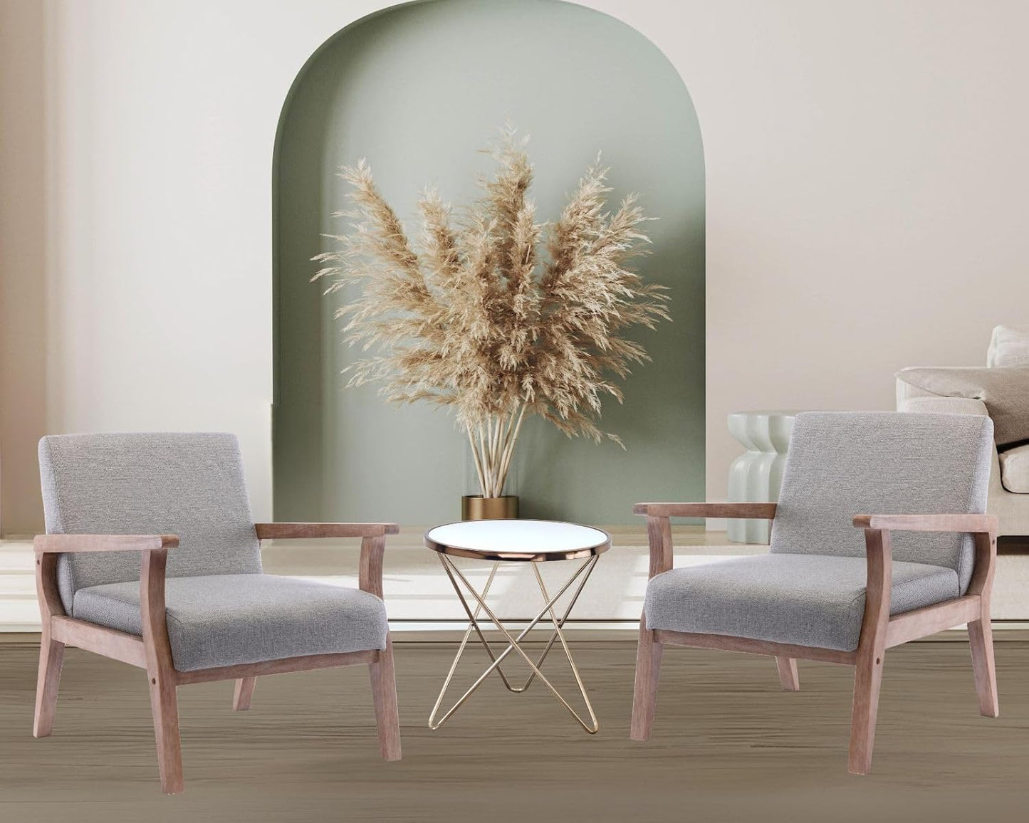 HNY Mid Century Armchair with Hardwood Frames, Linen Upholstered Living Room Chair, for Living Room Bedroom, Light Grey