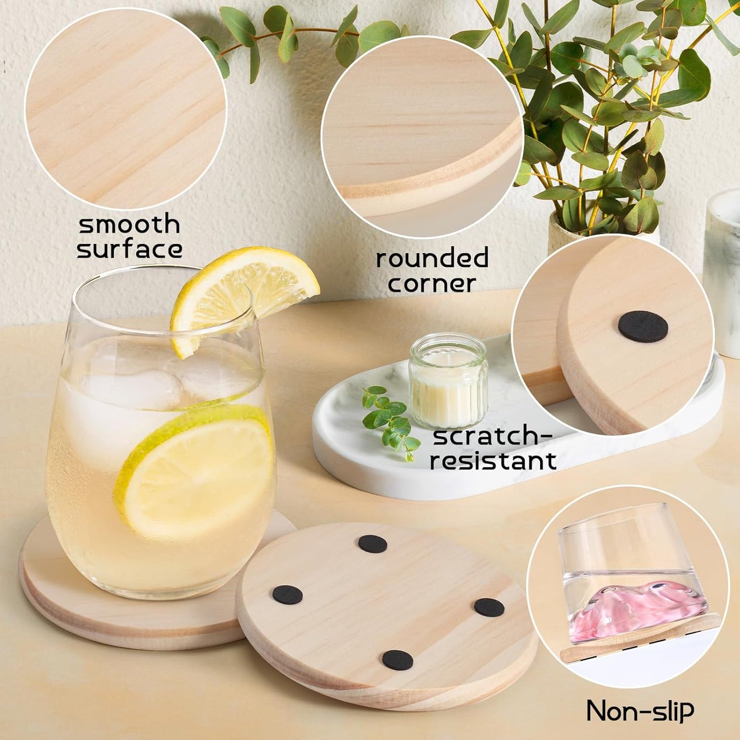 36 Pieces Unfinished Wood Coasters, GOH DODD 4 Inch Wooden Blanks with Non-Slip Pads for Laser Engraving Wood Burning Staining Painting Decoupage Housewarming Gifts Wedding Crafts Education, Round