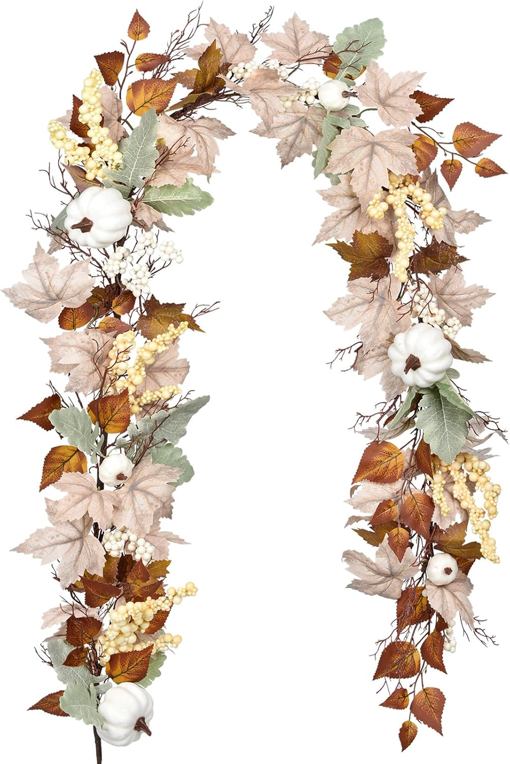 DearHouse Fall Garland Maple Leaf, 5.9Ft Hanging Vine Garland White with Pumpkins and Berries Thanksgiving Decor for Home Wedding Fireplace Party Christmas (White&Brown)