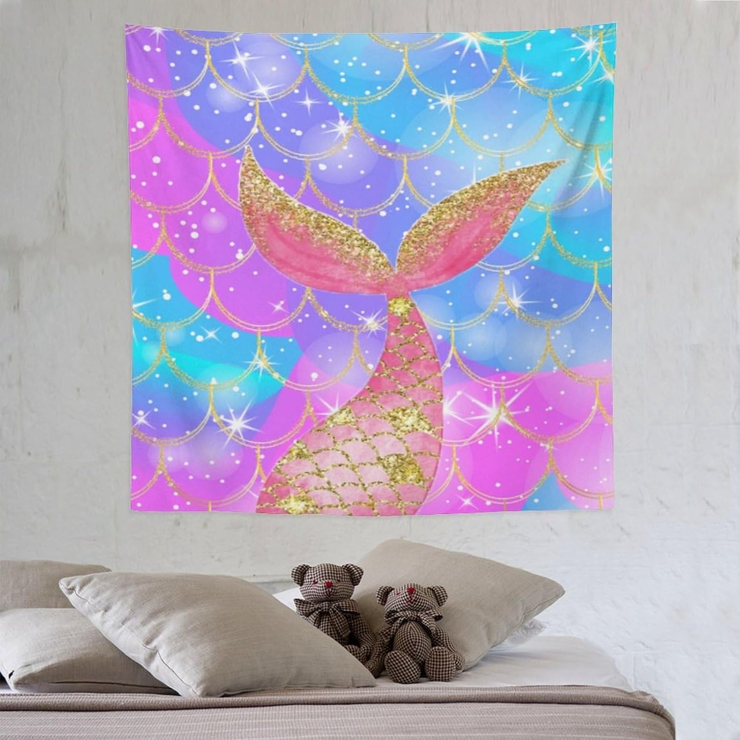 HZOHNAGO Mermaid Scales Tapestry Colorful Shiny Scales Mermaid Tail Pattern Printed Wall Tapestry Wall Hanging for Bedroom Living Room Dorm 60" W x 60" H