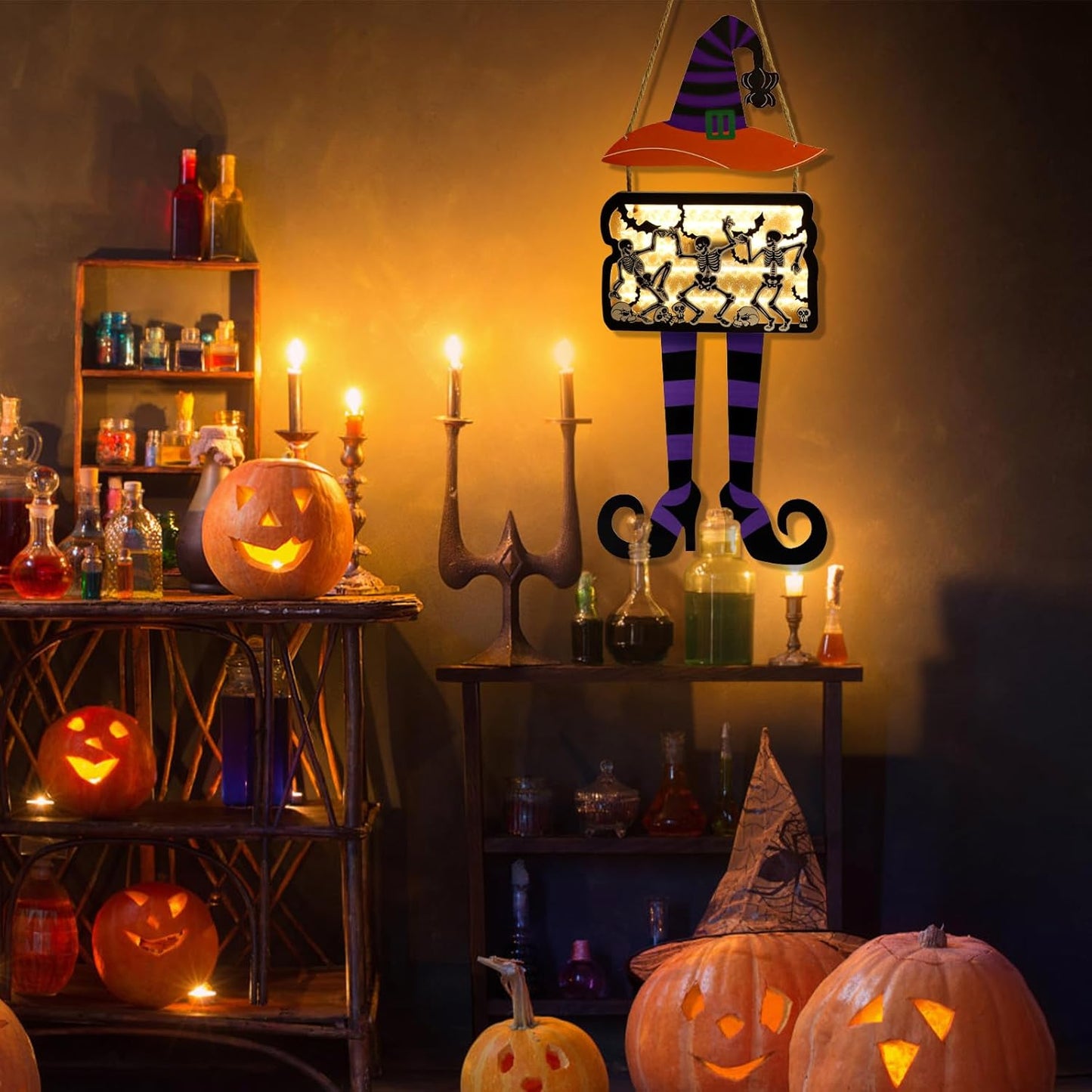 FINGOOO Halloween Door Hanging Sign, Large Witch Skeleton Halloween Door Hanger with Light for Front Door Decor