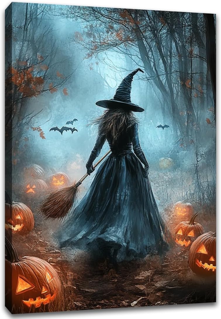 Vintage Moody Halloween Witch Artwork Wall Decor,Spooky Halloween Gothic Canvas Artwork Creepy Horror Witch with A Broom Pumpkin Bats Rustic Forest Picture,Dark Academia Poster,12"x18" Framed