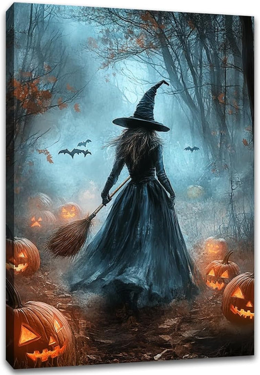Vintage Moody Halloween Witch Artwork Wall Decor,Spooky Halloween Gothic Canvas Artwork Creepy Horror Witch with A Broom Pumpkin Bats Rustic Forest Picture,Dark Academia Poster,12"x18" Framed