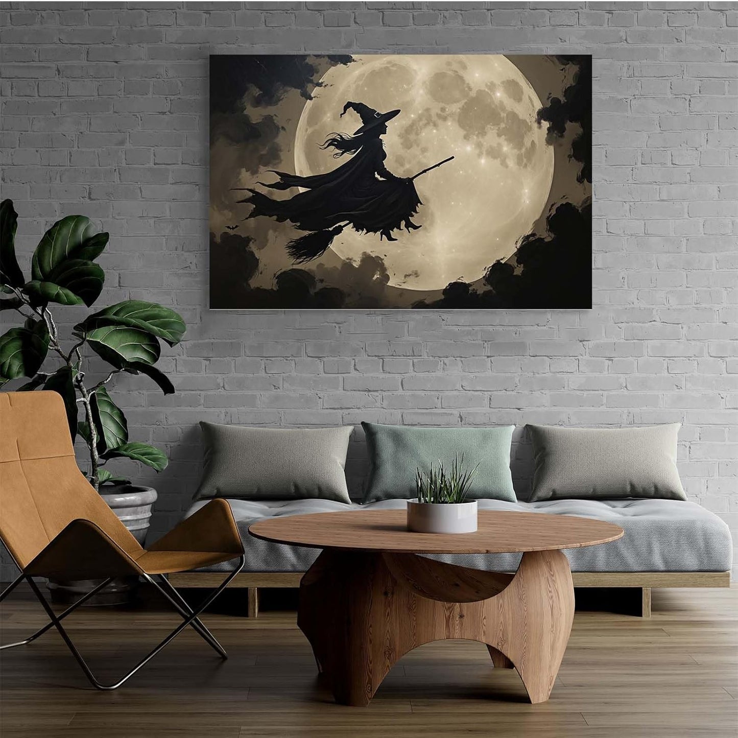 Full moon witch silhouette poster witch on magic broom Halloween mural poster decorative mural art suitable for home living room bedroom16x24in Wood Framed