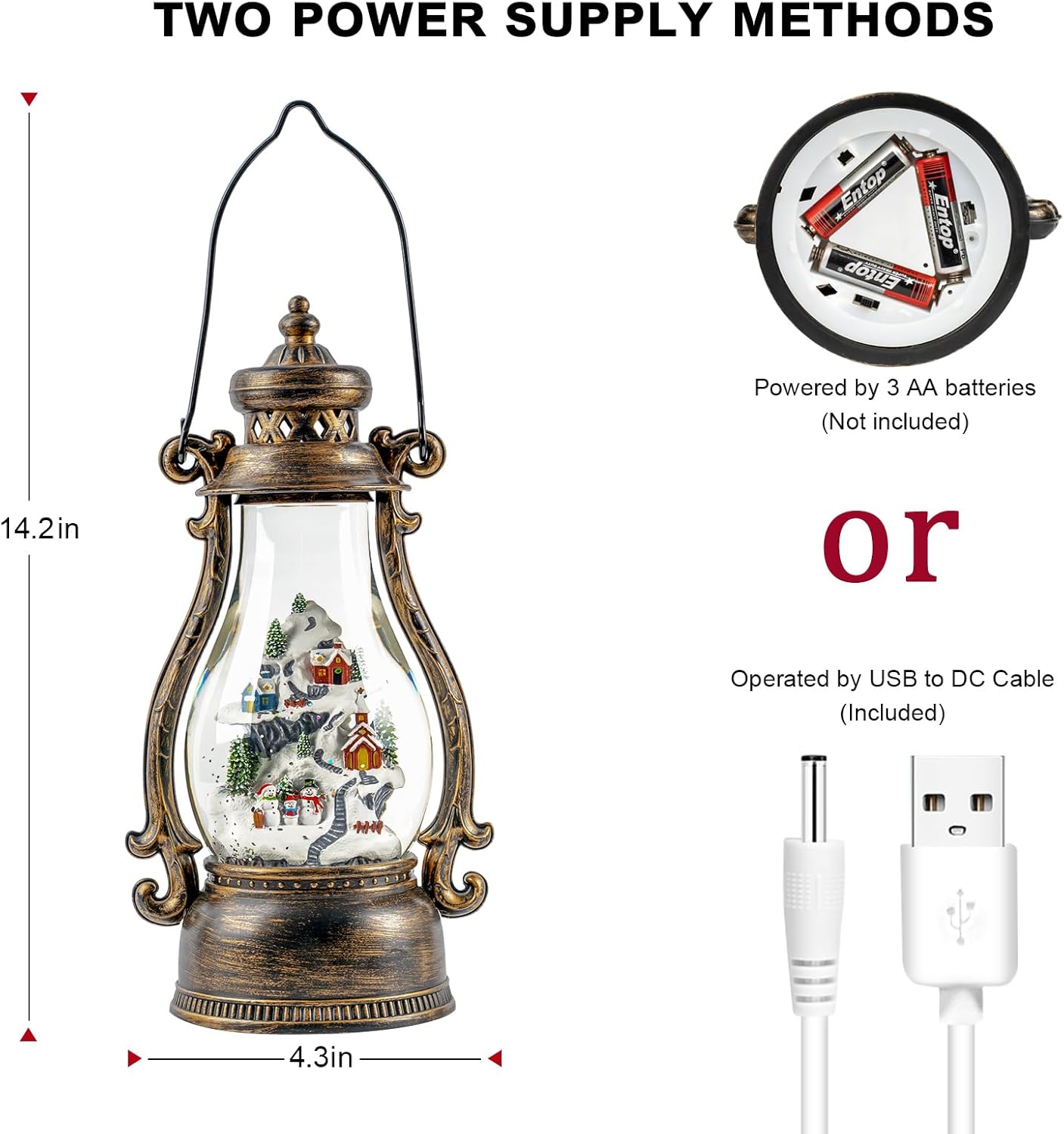 Christmas Village Buildings Tall Snow Globe Lantern Water Glittering Snowman Family with Music & Timer, USB Lined/Battery Operated Lighted Lantern for Christmas Festival Decoration Gifts