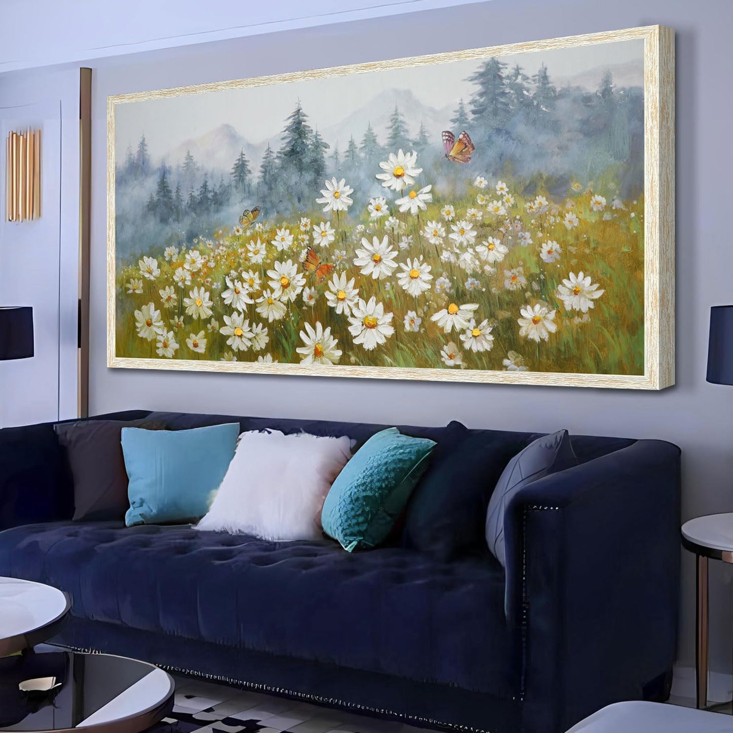 Arjun Flower Wall Art Canvas Landscape Daisy Painting Mountain Picture White Daisy Textured Floral Forest Artwork for Living Room Bedroom Office Home Wall Decor, Extra Large Framed Wood Grain 58"x29"