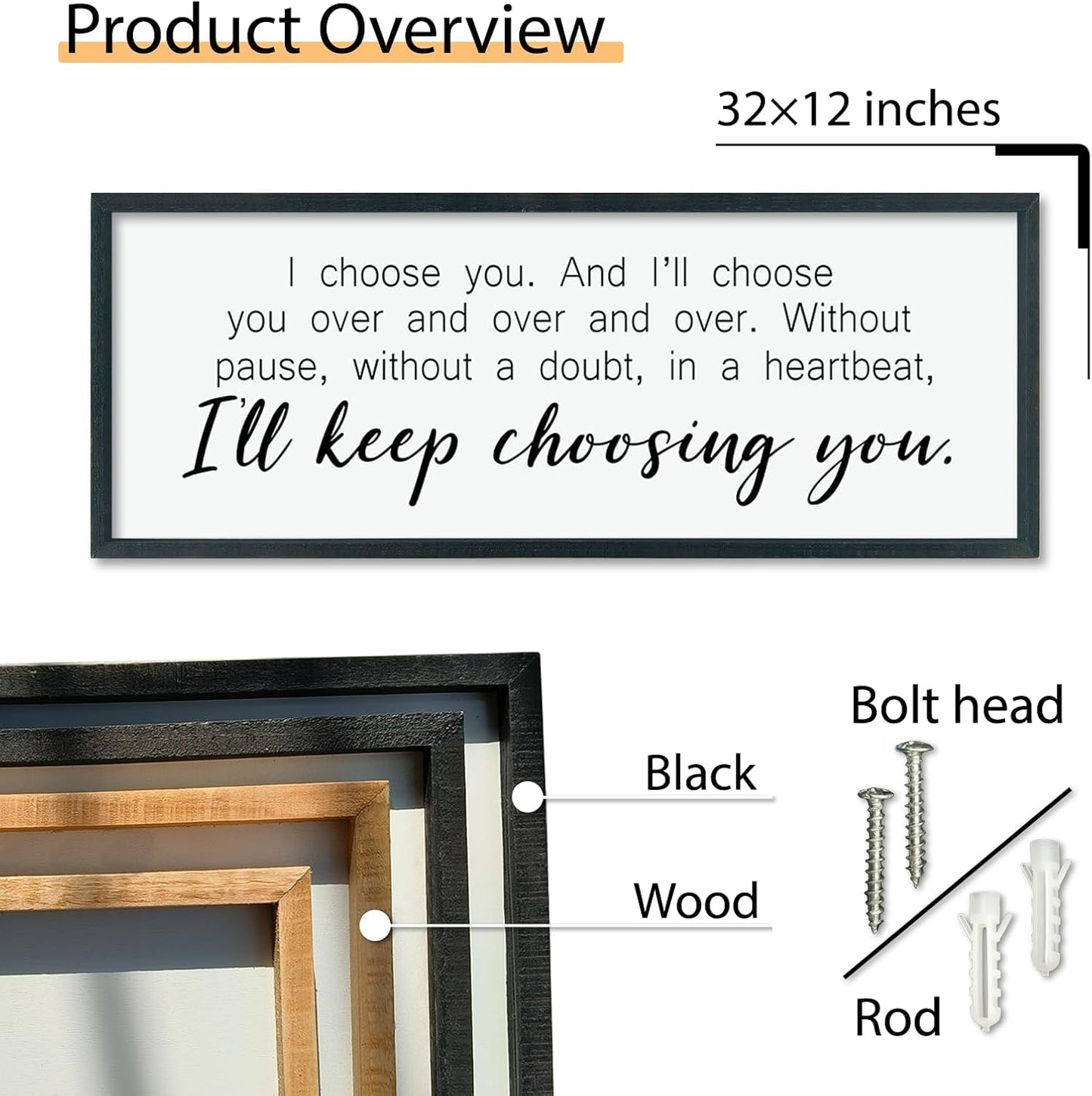 comurdyo I'll Keep Choosing You Sign 32"X12" for Master Bedroom Above Bed Wall Decor I Choose You Large Wood Framed Wall Hanging Art (Black)