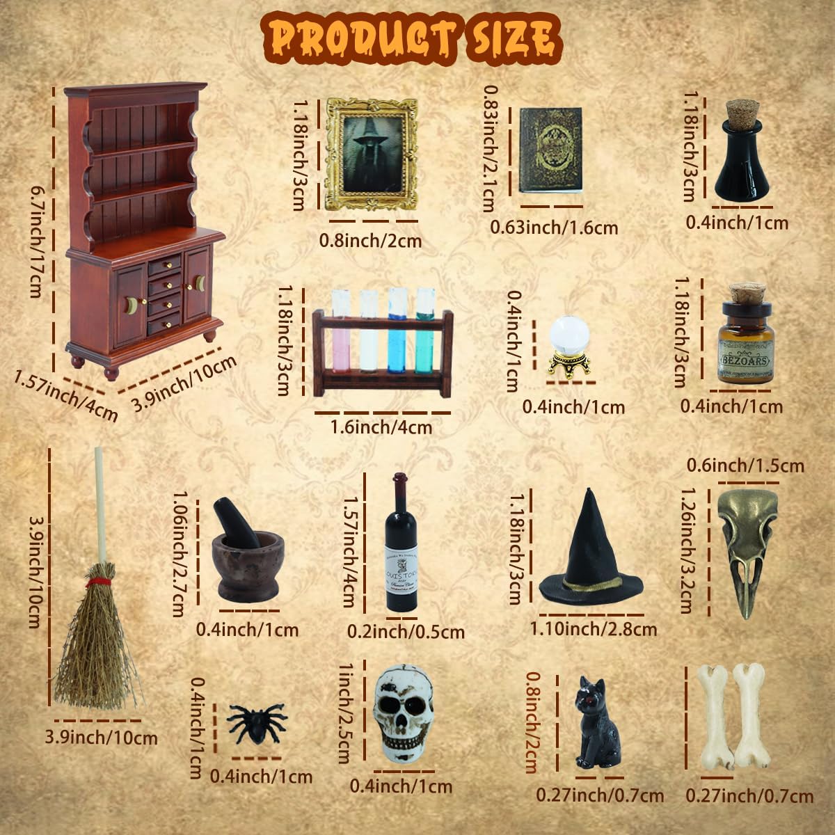 Dollhouse Miniatures 1/12 Scale Accessories, Wooden Bookshelf Furniture Set - Magic Bottle&Potion, Witch Frame and Hat, Mini Bookcase, Haunted Dollhouse Halloween Decorations for Kids Gifts