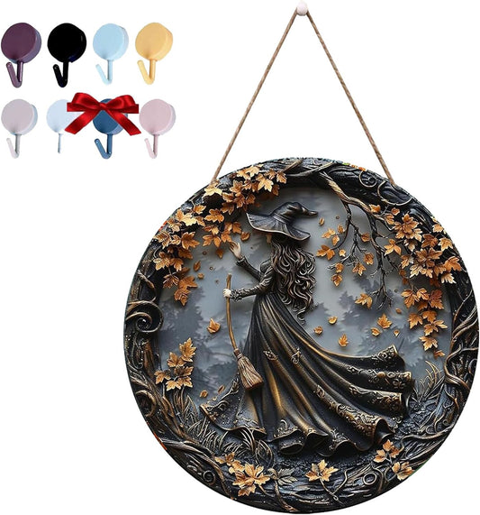 Fanyil/Olygee/Sherum/Shirem/Pubyfun/Glosrity/Libilin/Graddi/Solymody/Gowebs/Goredny/Vianys Witching Hour, Door Way Hanging Decor Halloween, 2D Wooden Round Witches Sign (C, 11.8")