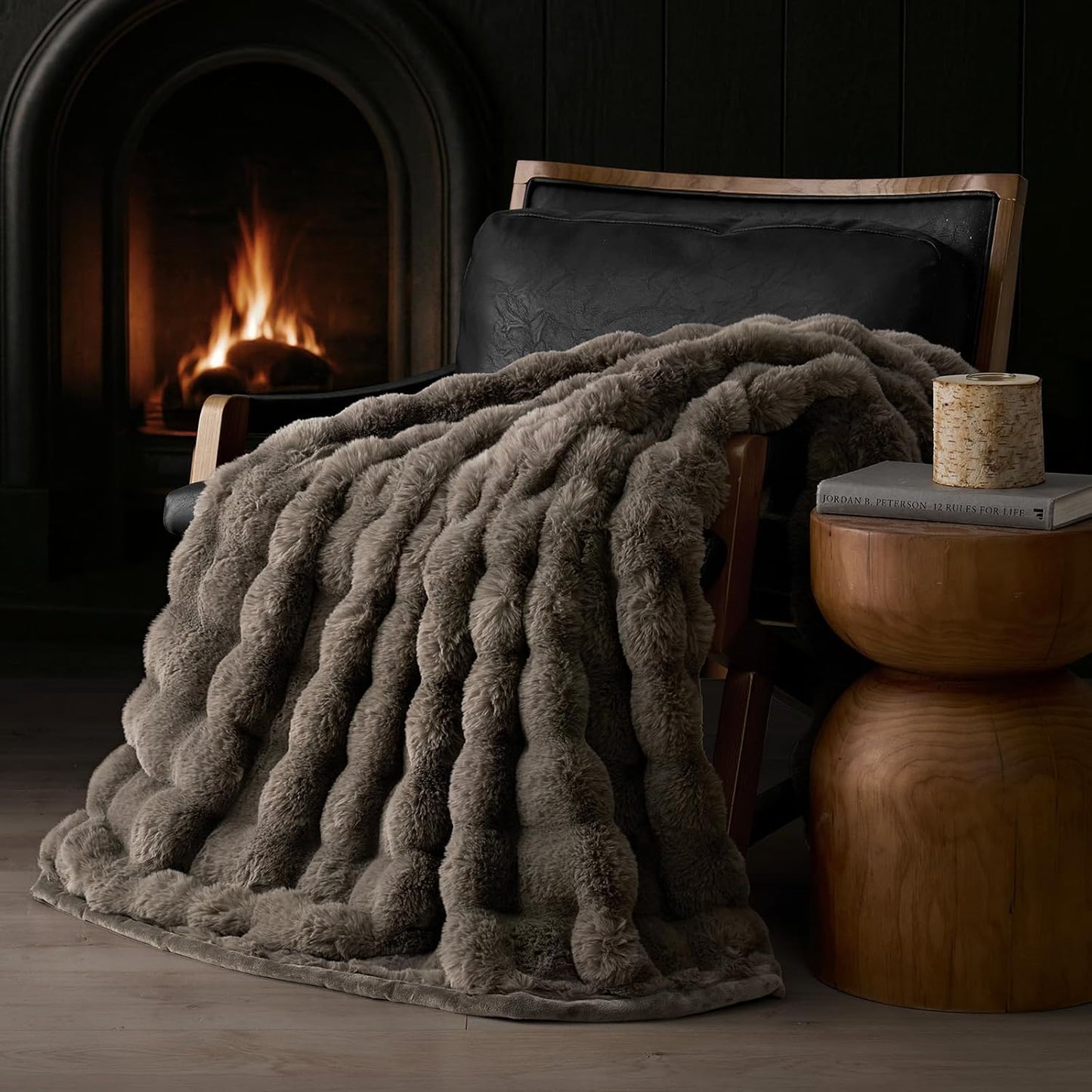 EVERGRACE Ultra Soft Luxury Fluffy Faux Rabbit Fur Throw Blanket, Thick Warm Fuzzy Blankets for Bed, Cozy Plush Reversible Blanket for Couch, Chair, Sofa, Dark Taupe, 50x60 Inches, 870 GSM