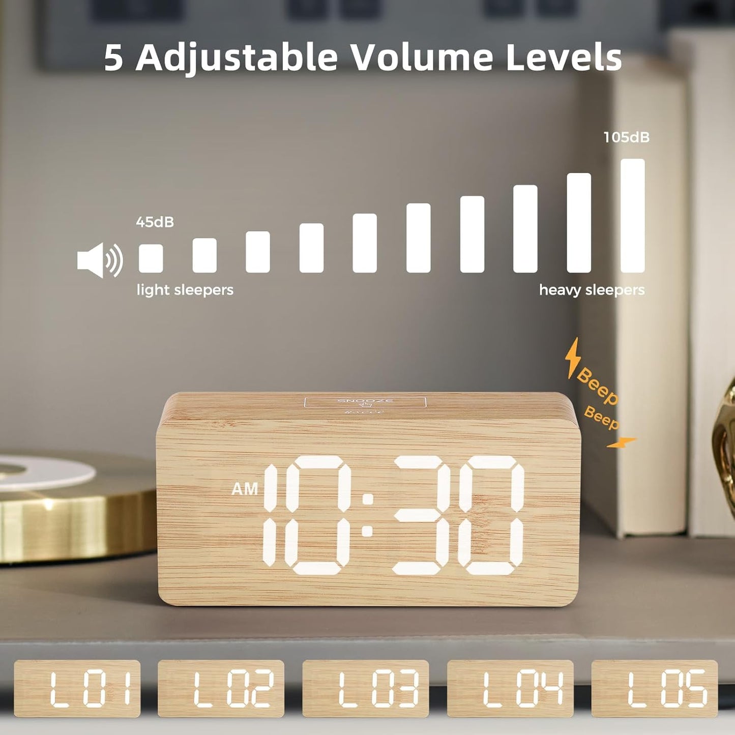 uscce Wooden Digital Alarm Clocks for Bedrooms: Dimmable Dual Alarm Clock with Large Numbers for Bedside Desk - Loud Alarm for Heavy Sleepers with Volume Control - Wood Decor & Gifts