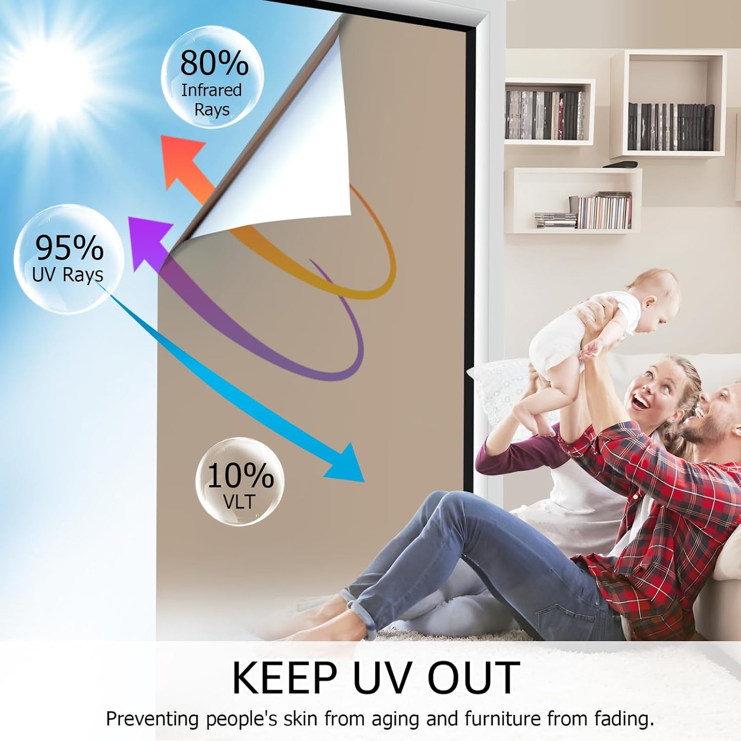 HIDBEA One Way Mirror Window Film, Daytime Privacy Sun Blocking Reflective Window Film Static Cling Heat Control Window Tinting Film for Home and Office, Brown Silver, 17.5 x 78.7 Inch