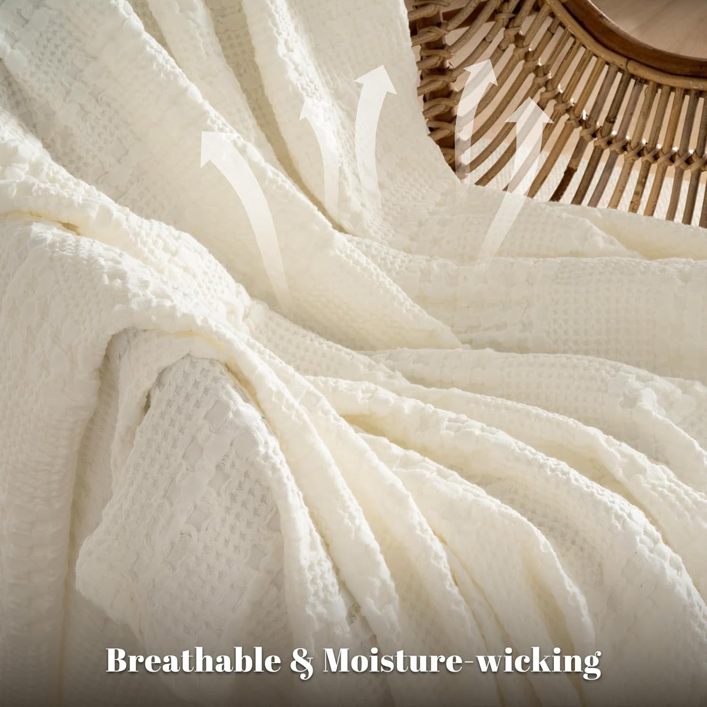 PHF 100% Cotton Waffle Weave Blanket King Size, Soft Lightweight Breathable Cozy Summer Blankets for Bed, Luxury Aesthetic Woven Bedding for Home Decor, 108"x90", Ivory