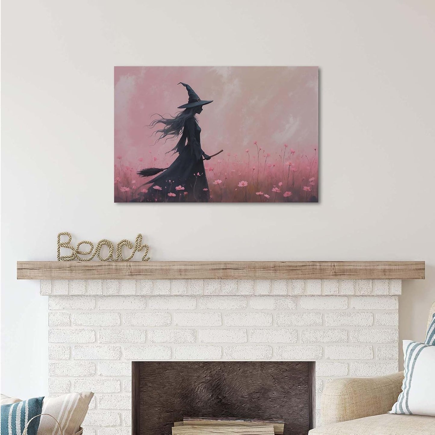 Witch in the pink sea of flowers Halloween prints weird flowers wall art silhouette painting fashionable romantic decoration suitable for bedroom20x30in Wood Framed
