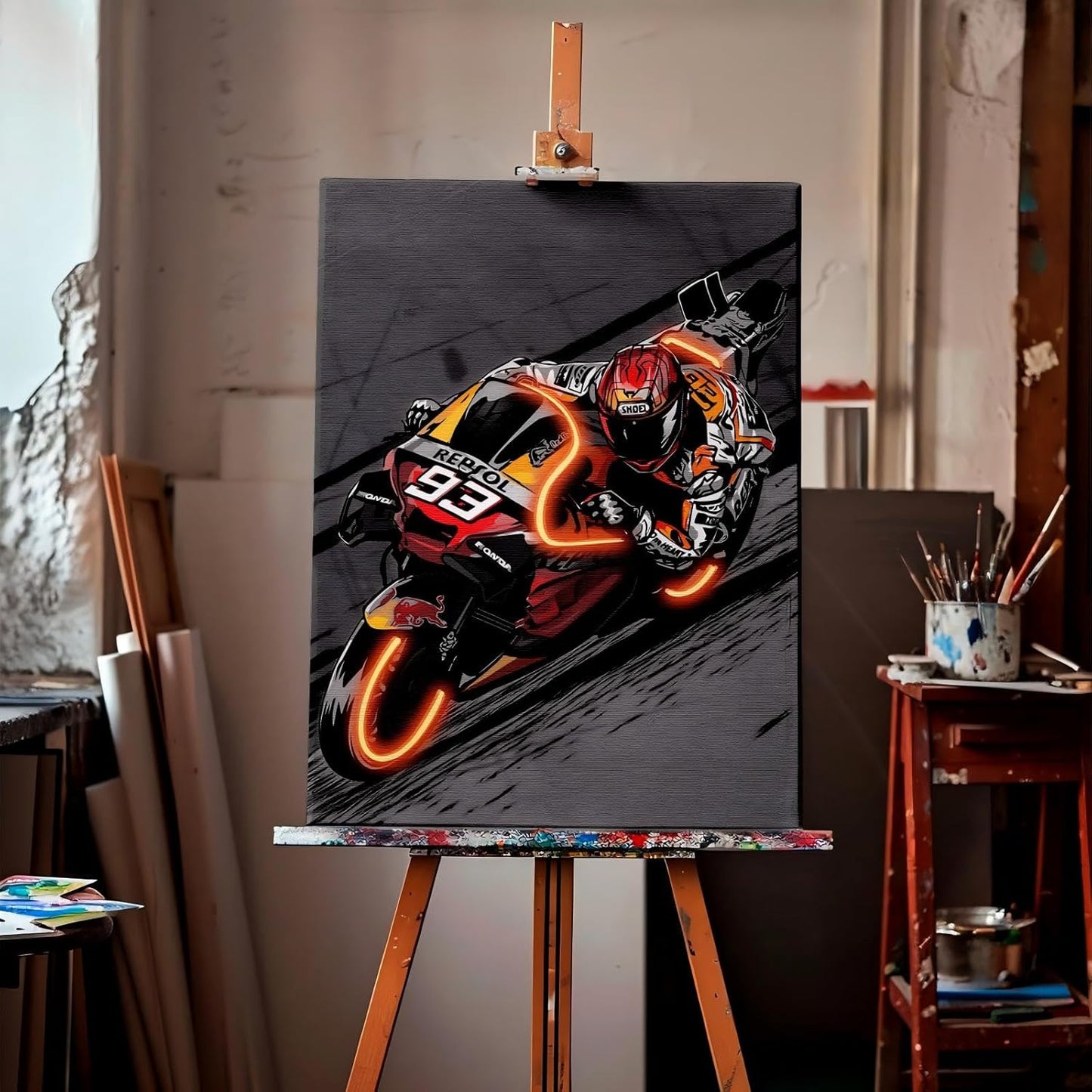 Sorventina Painted Neon Style Orange #93 RC213V Racing Bikes Wall Art - 16x24 Wrapped Canvas, Non-LED, Ideal Decor for Bedroom, Living Room, Office, Game Room, Garage, or Man Cave