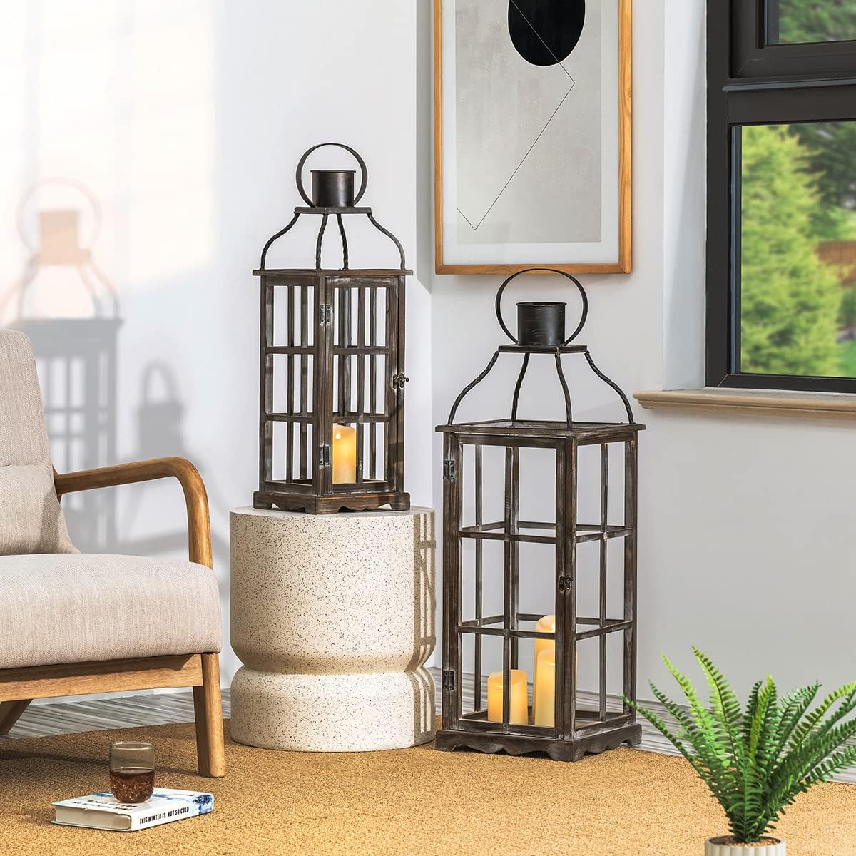 Glitzhome Farmhouse Oversized Wood Metal Lanterns Decorative Hanging Candle Lanterns Set of 2, Black (No Glass)