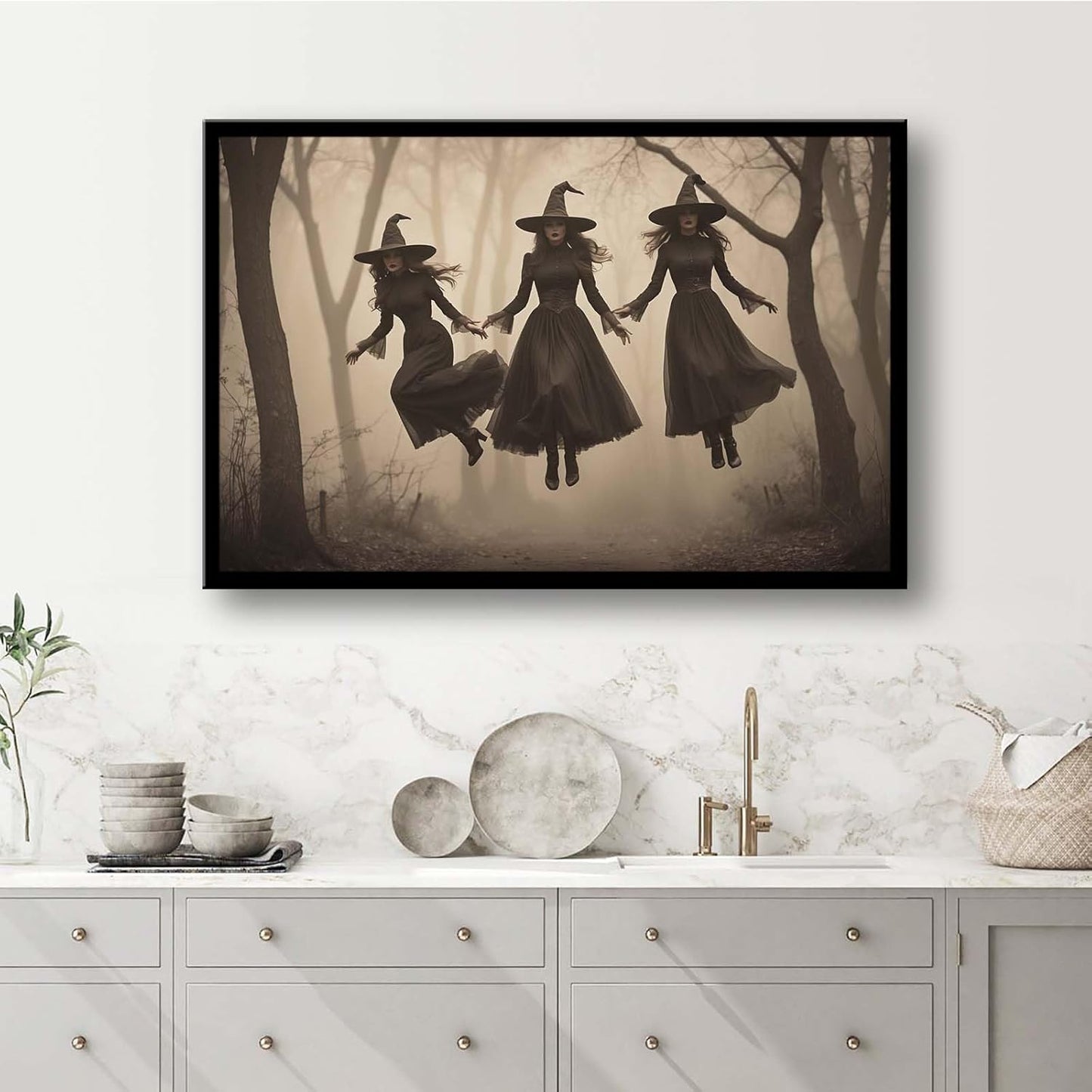 JFHCQJPK Three ghost witches flying in vintage forest gothic wall art witchcraft decoration holiday gift canvas wall art print16x24in Metal blackFramed