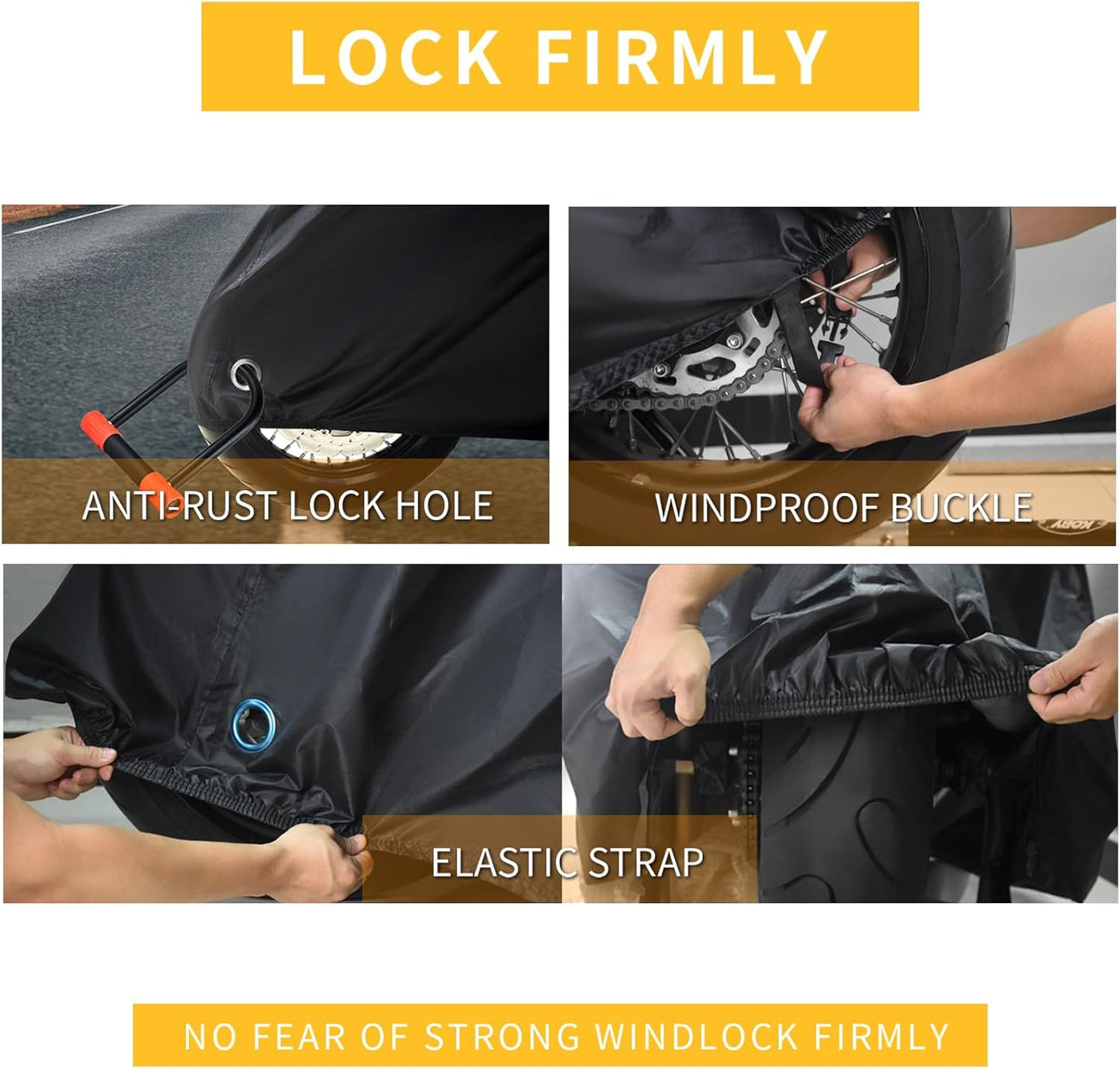 Motorcycle Cover All Season Waterproof Breathable Sun Outdoor Protection Three Reflective Tape with Lock-Holes & Storage Bag Bike Scooter Cover Universal (Silver and Black, 104''*41''*50'')