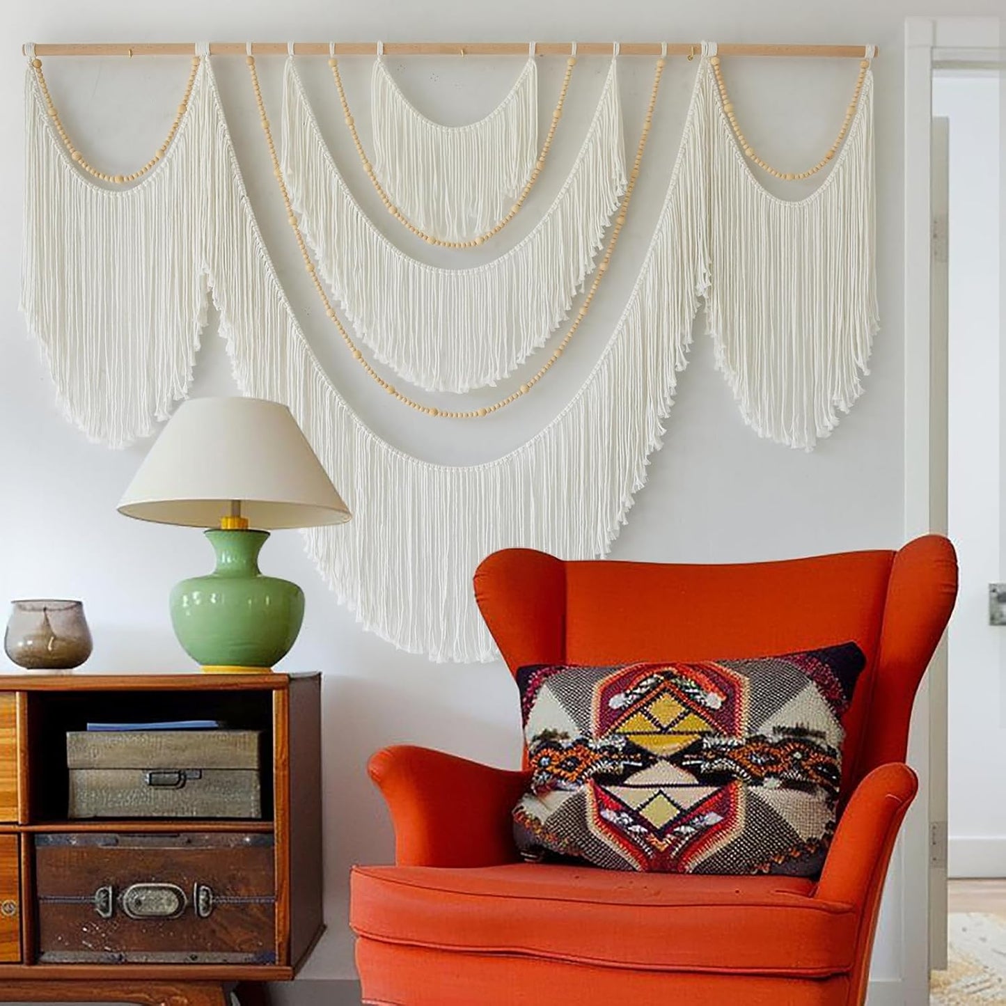 Flber Large Macrame Wall Hanging – Boho Yarn Art Garland with Tassels and Beads, Handmade Rope Decor for Nursery, Party, Wedding, Bedroom, Fireplace Mantel, or Photo Backdrop 57" W x 41" L