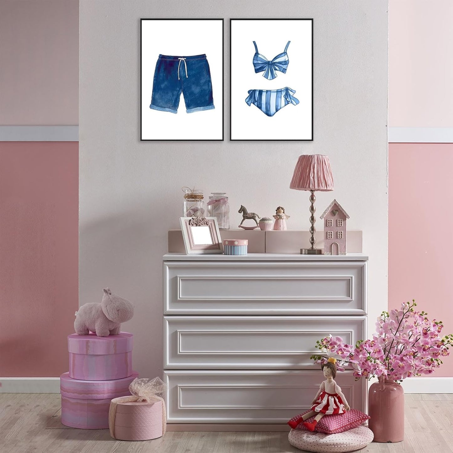 Liyark Set of 2 Retro Navy Blue And White Swimsuit Art Posters Beach Bathing Suit Prints Painting Beach House Wall Art Coastal Wall Decor Pictures For Bathroom Home Decoration 12x16in Framed