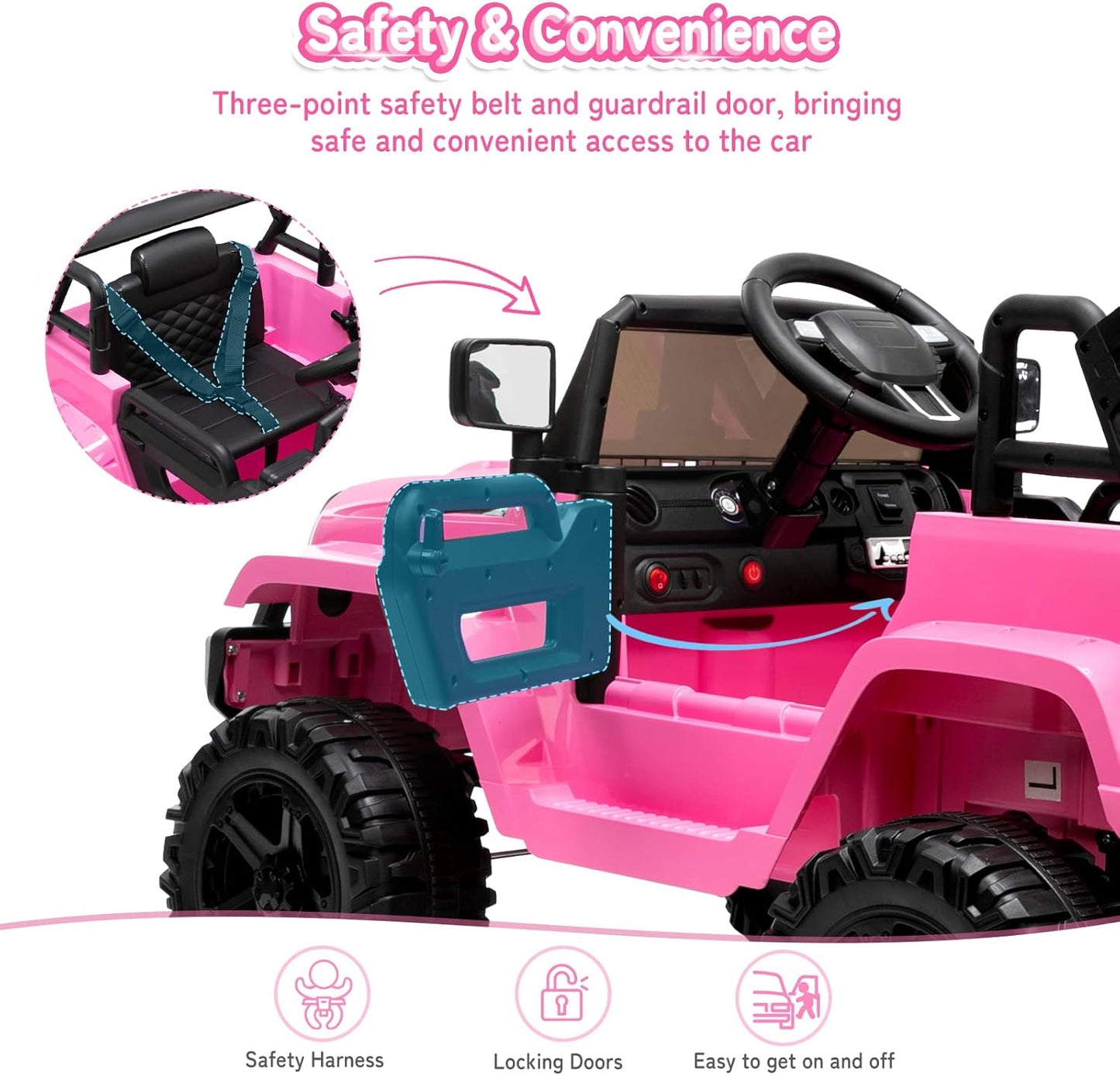 JOYMOR Ride on Truck with Remote Control, 4 Wheels 12V Battery Powered Kids Car, with LED Headlight/Horn Button/ MP3 Player/USB Port/Forward Backward/Kids Girl Boy (Pink)