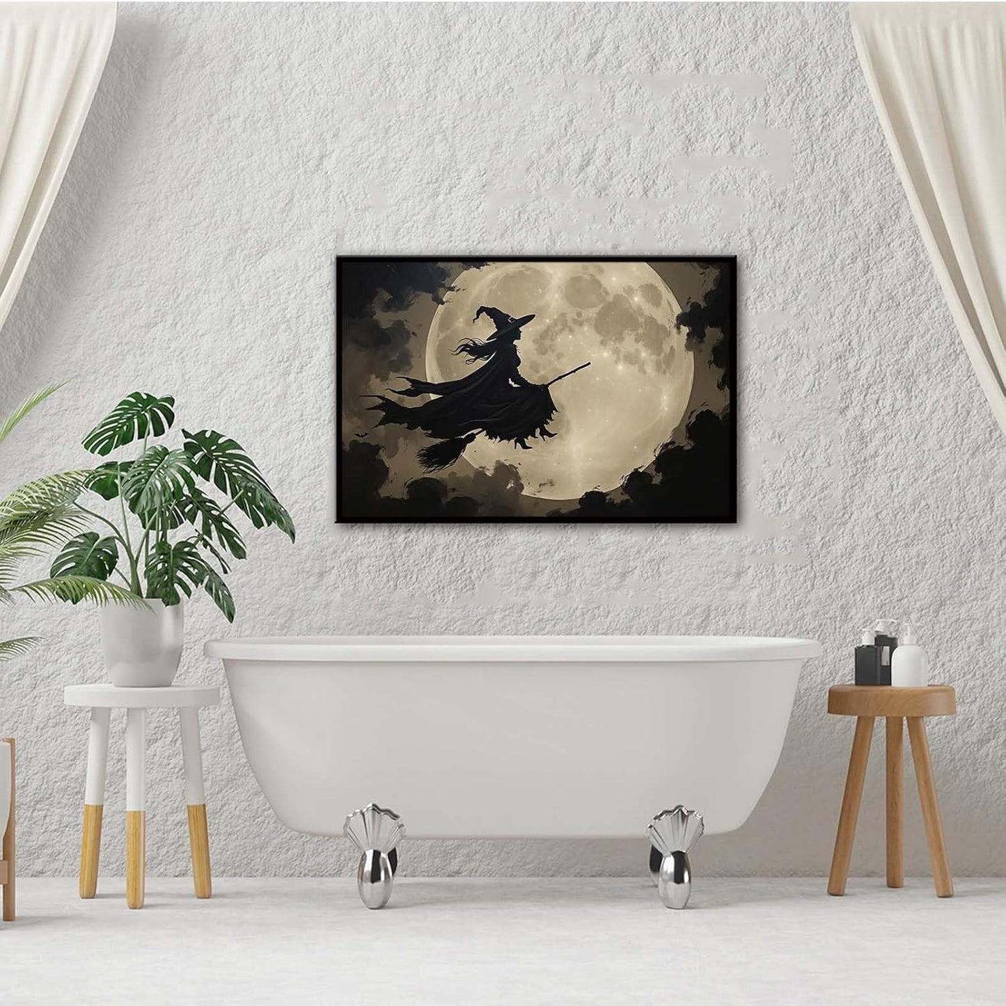 JFHCQJPK Full moon witch silhouette poster witch on magic broom Halloween mural poster decorative mural art suitable for home living room bedroom24x36in Metal blackFramed