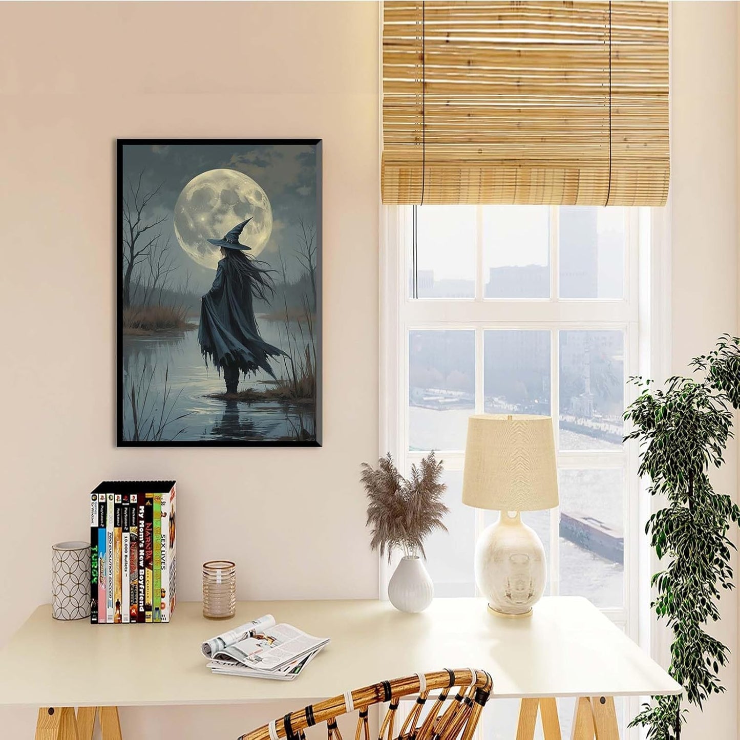 JFHCQJPK Witch in the moonlight magic canvas wall art enchanting Halloween home decor swamp witch silhouette oil painting mysterious gothic aesthetic wall decor print poster8x12in Metal blackFramed
