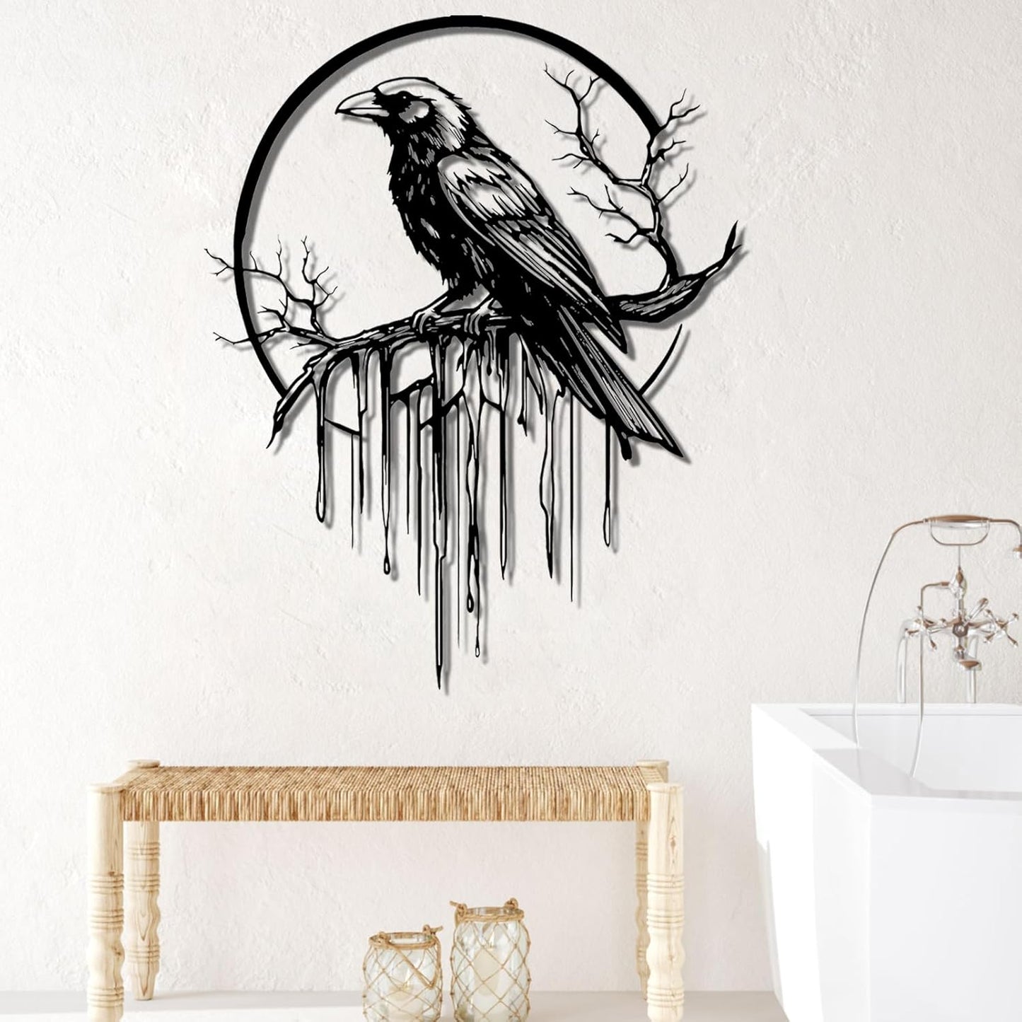 Crow Metal Wall Decor, Raven Wall Art, Large Gothic Raven Decor Hangings, Bird Wall Decor, Metal Tree Branch Decor, Ravens Sign, Raven Art for Living Room (Silver, 35"x28" | 90x72cm, metal wall art)