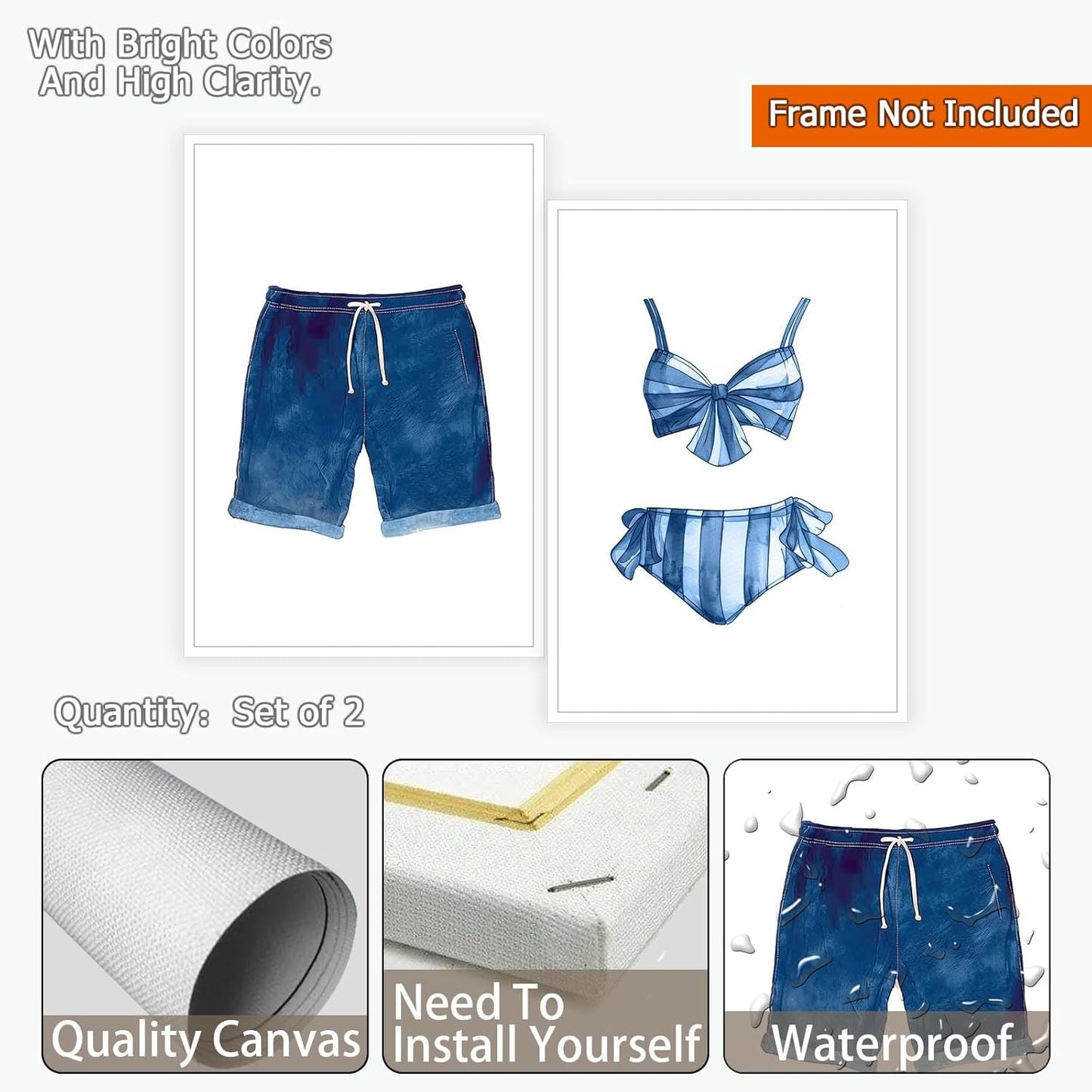 Liyark Set of 2 Retro Navy Blue And White Swimsuit Art Posters Beach Bathing Suit Prints Painting Beach House Wall Art Coastal Wall Decor Pictures For Bathroom Home Decoration 12x16in Unframed