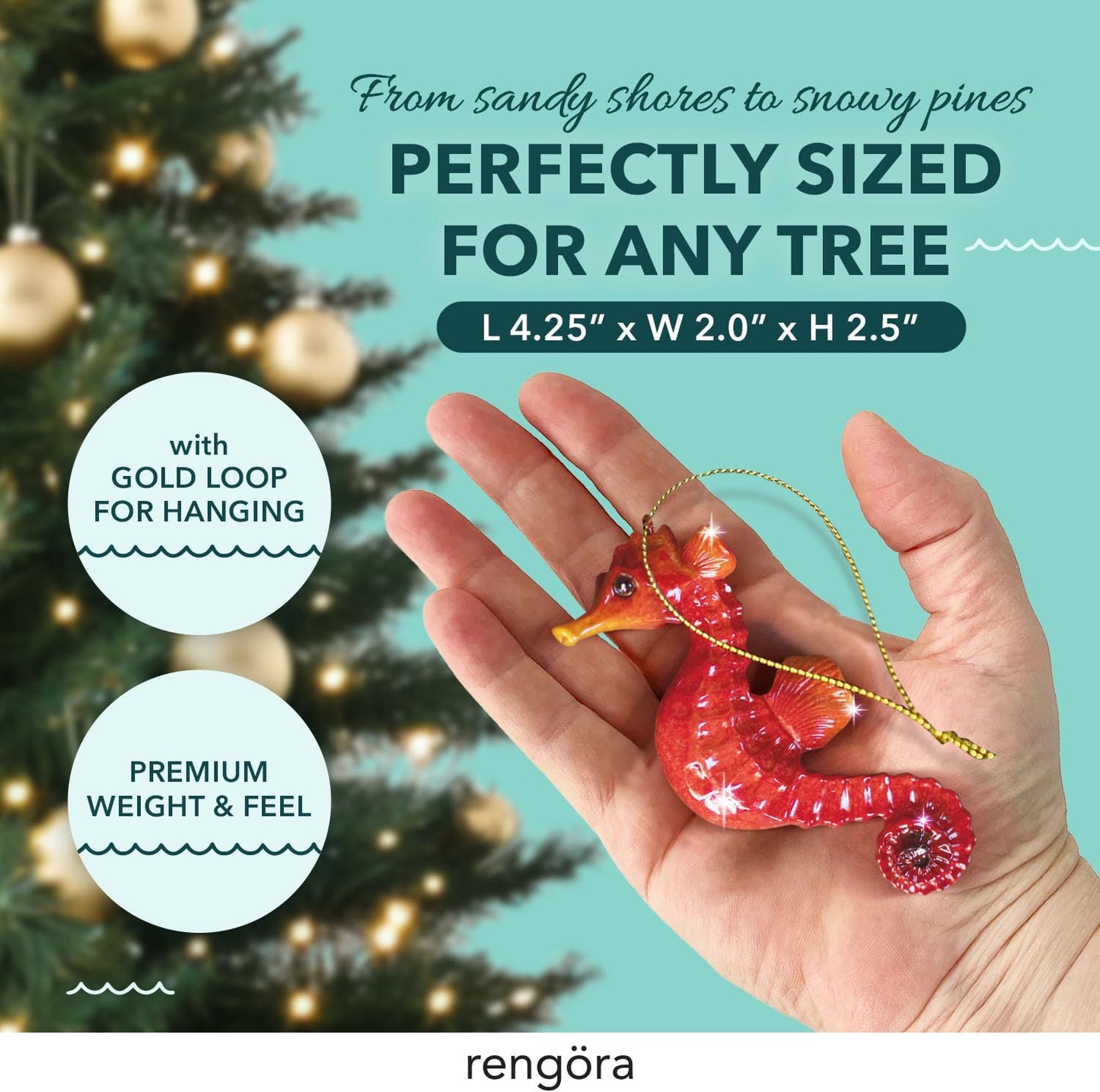 Hand-Painted Beach Christmas Ornament – Coastal Tree Decoration for Ocean Lovers – Unique Nautical Ornament for Christmas Tree or Stocking Stuffer Gift (Red Seahorse)