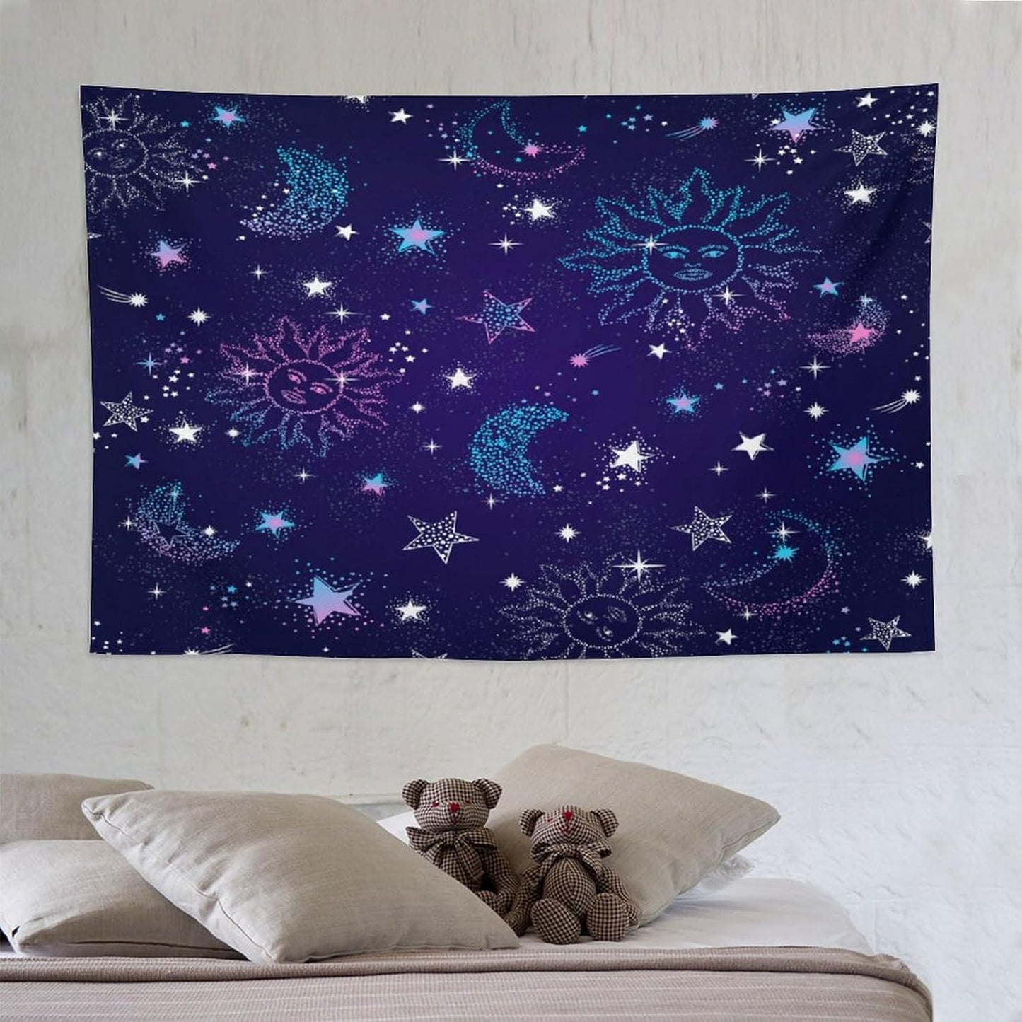 HZOHNAGO Boho Sun Moon Tapestry Purple Blue Sun Stars Galaxy Pattern Printed Wall Tapestry Wall Hanging for Bedroom Living Room Dorm 90" W x 60" H