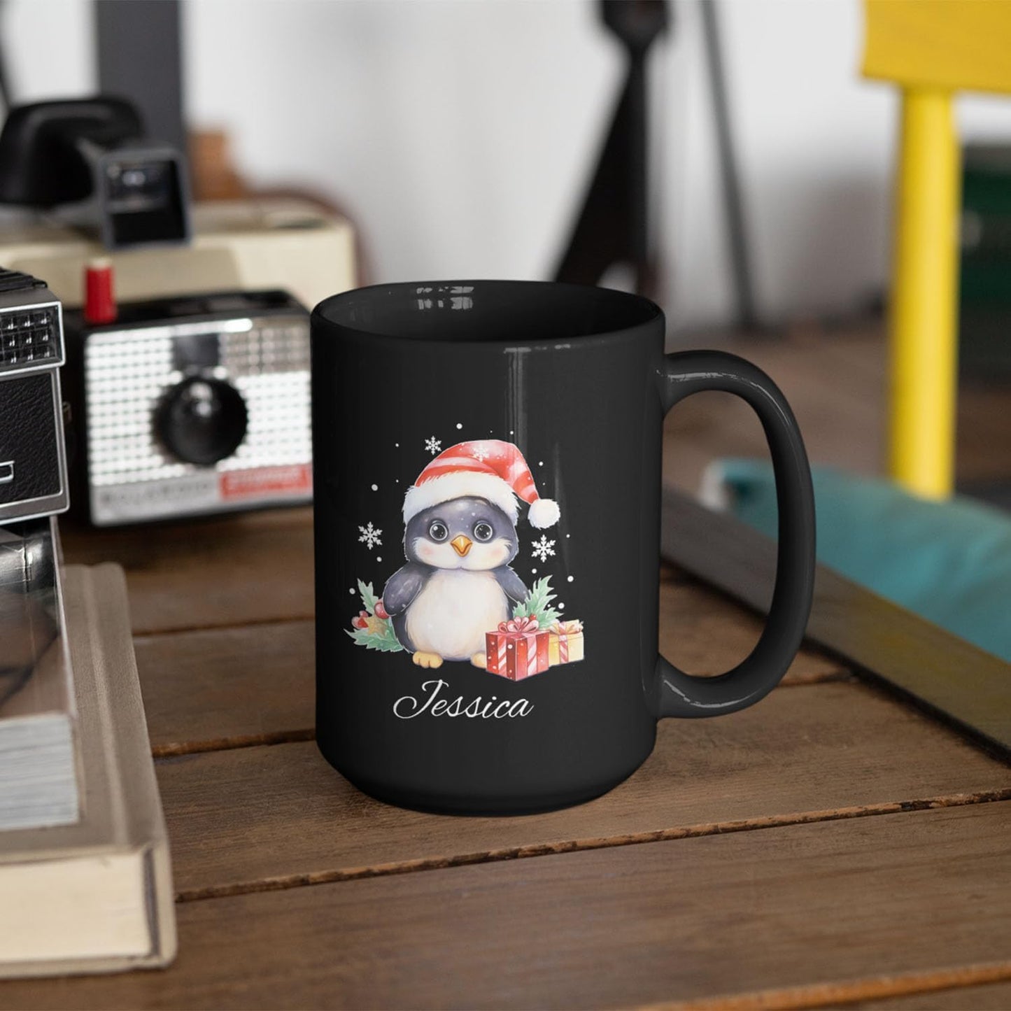 Customized Christmas Themed Black Cup, Personalized Cute Xmas Penguin Mug With Name, Gift For Christmas, Custom Animal Wearing Santa Hat Design Cup, Christmas Animal Coffee Mug 11oz 15oz