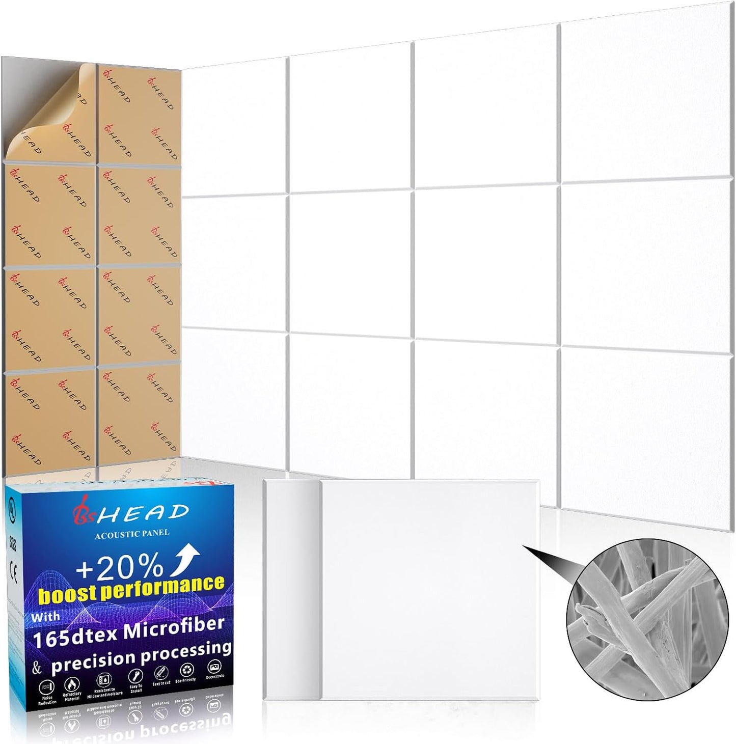 10 pcs 165dtex Microfiber Acoustic Panels ，Self-Adhesive Soundproof Wall Panels, 12 x 12 x 0.4 in Sound Proof Foam Panels for Walls, High Density, Noise Dampening Panels for Home Studio（White）