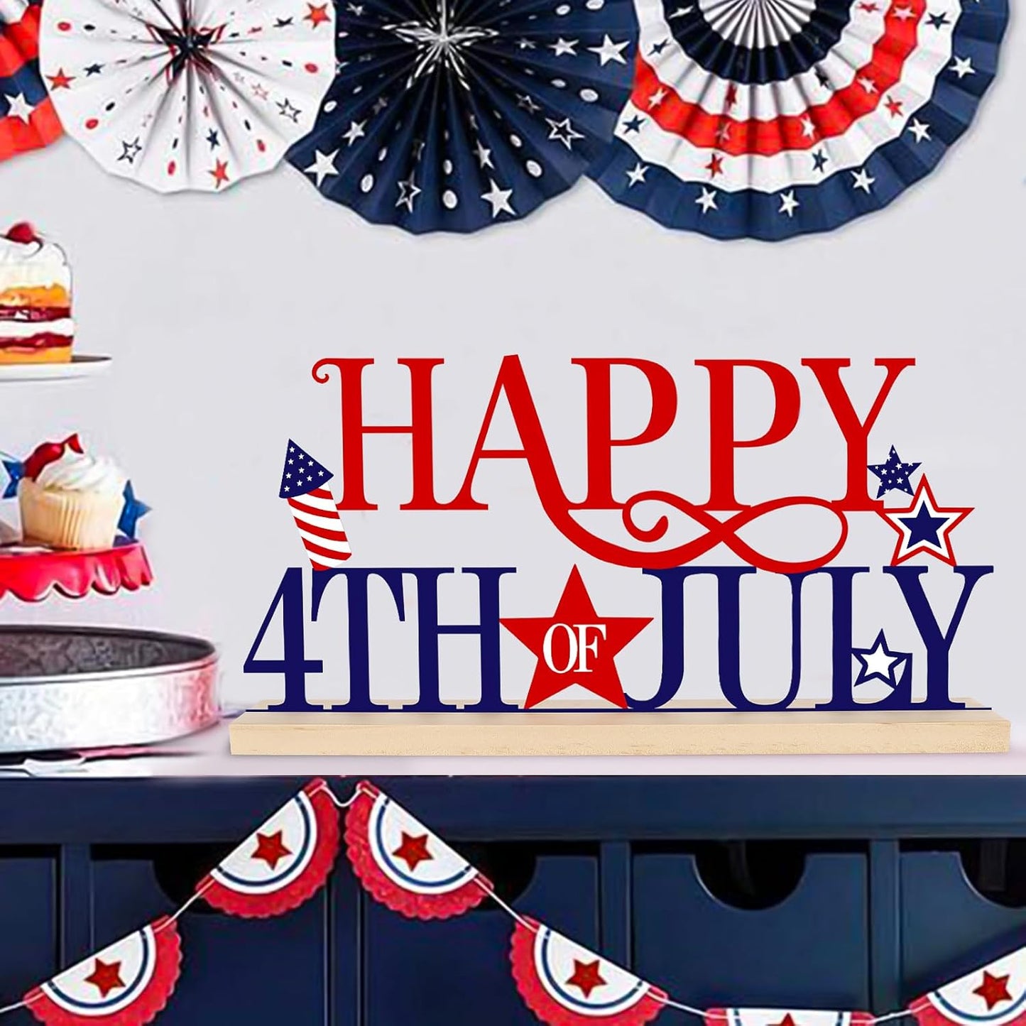COCHIE Metal Happy 4th of July Sign, Red Blue and White Decorations for Home, Office, Shelf, Mantel, Indoor, Fouth of July Decoration, Patriotic Star Decor (Independence Day)