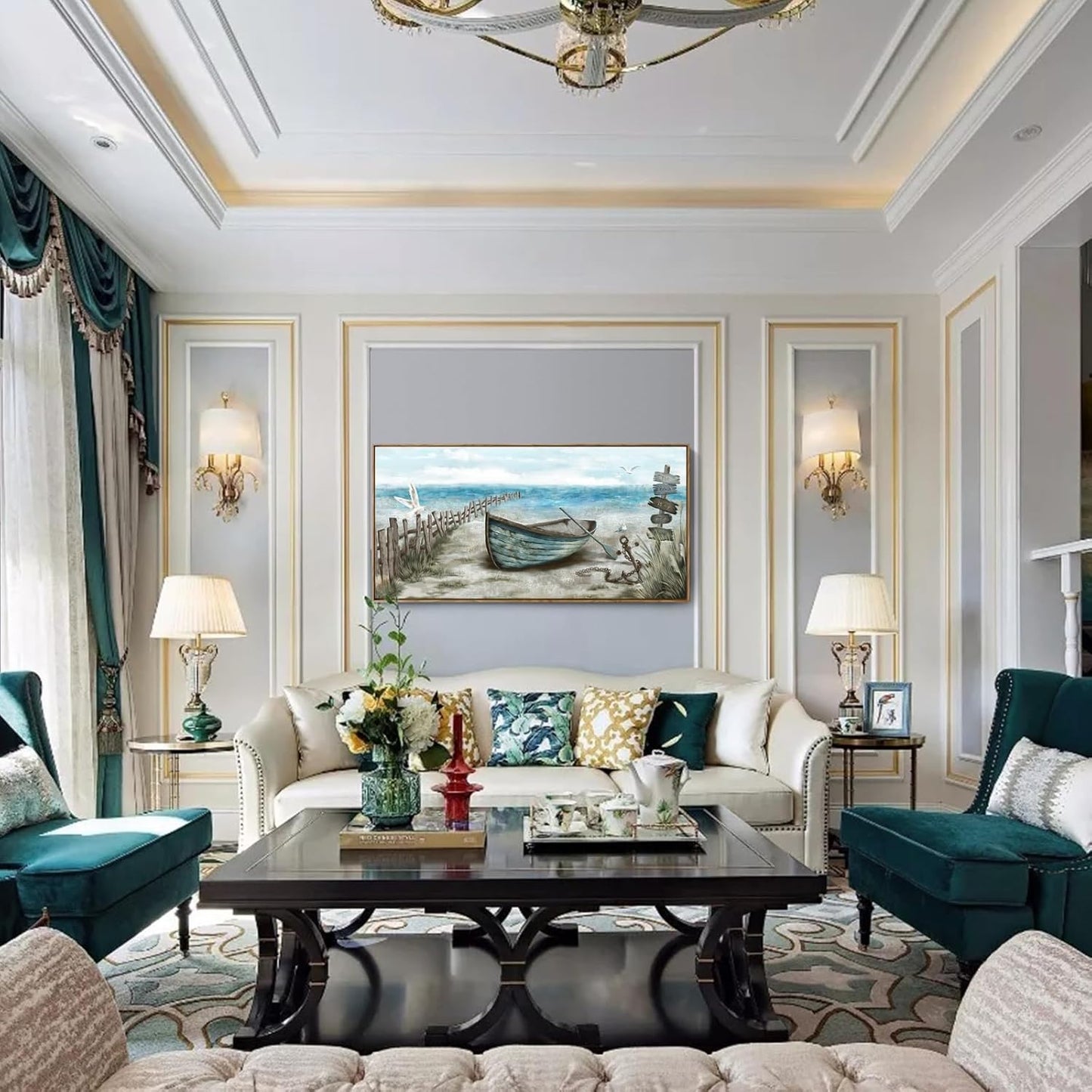 Large Framed Wall Art for Living Room Coastal Canvas Picture Seagull Vintage Boat Artwork Ocean Sea Bird Canvas Print Nautical Rowboat Blue Teal Rustic Beach Themed Farmhouse Bedroom Office Decor