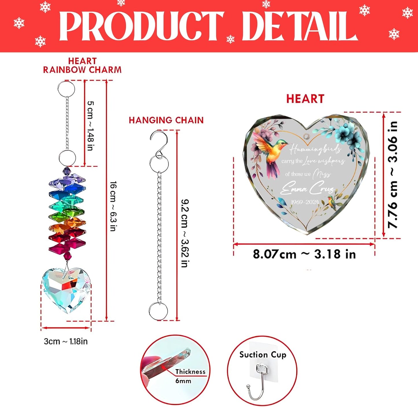 Personalized Memorial Hummingbird Glass Ornament – Custom Photo, Name, Birth Year & Passing Year – in Loving Memory – Memorial Gift for Loss of Loved One 2024