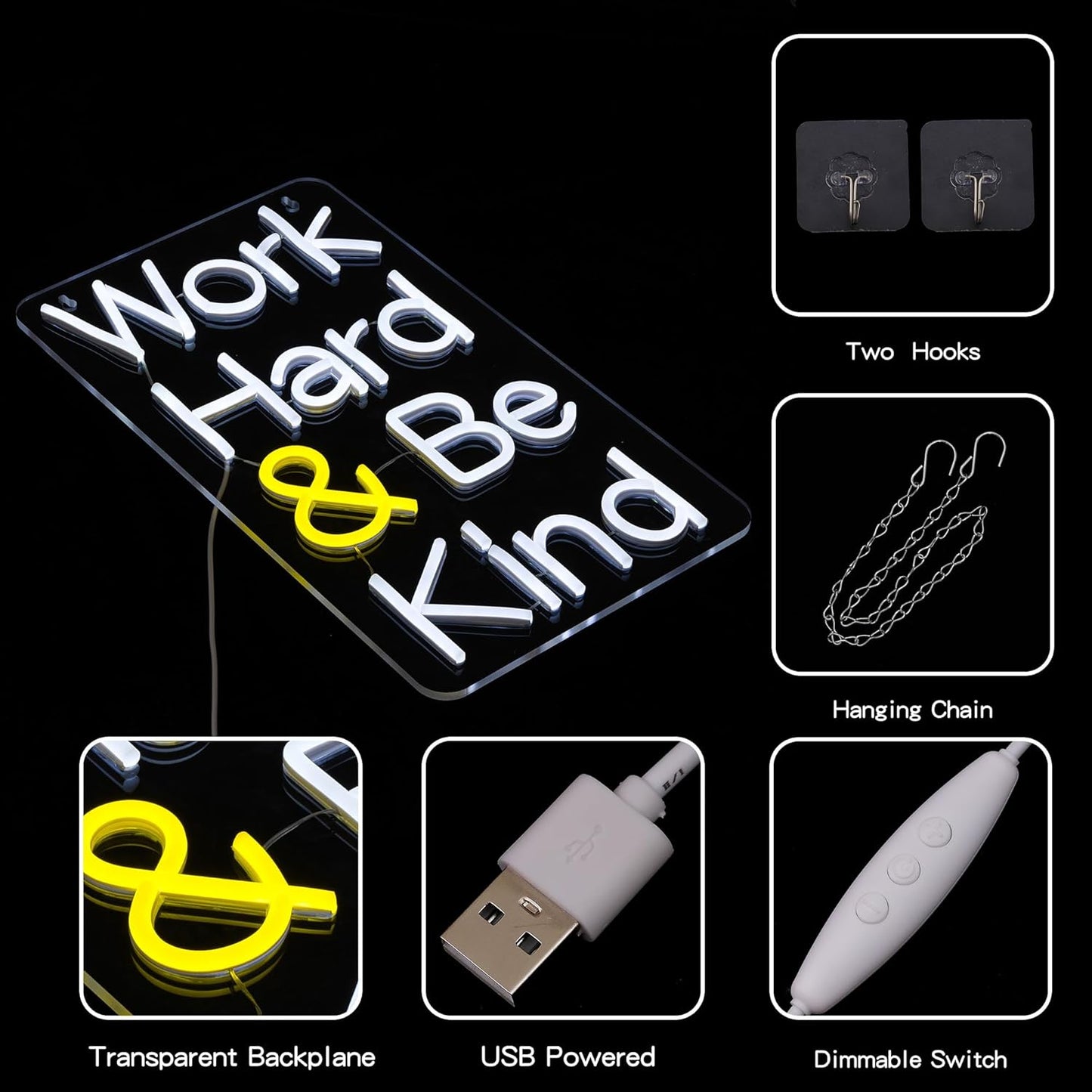 Work Hard Be Kind Neon Sign for Wall Decor Letter Neon Light Be Kind LED Neon Sign for Office White LED Neon Light for Offices Classroom Bedroom Study Room Decoration
