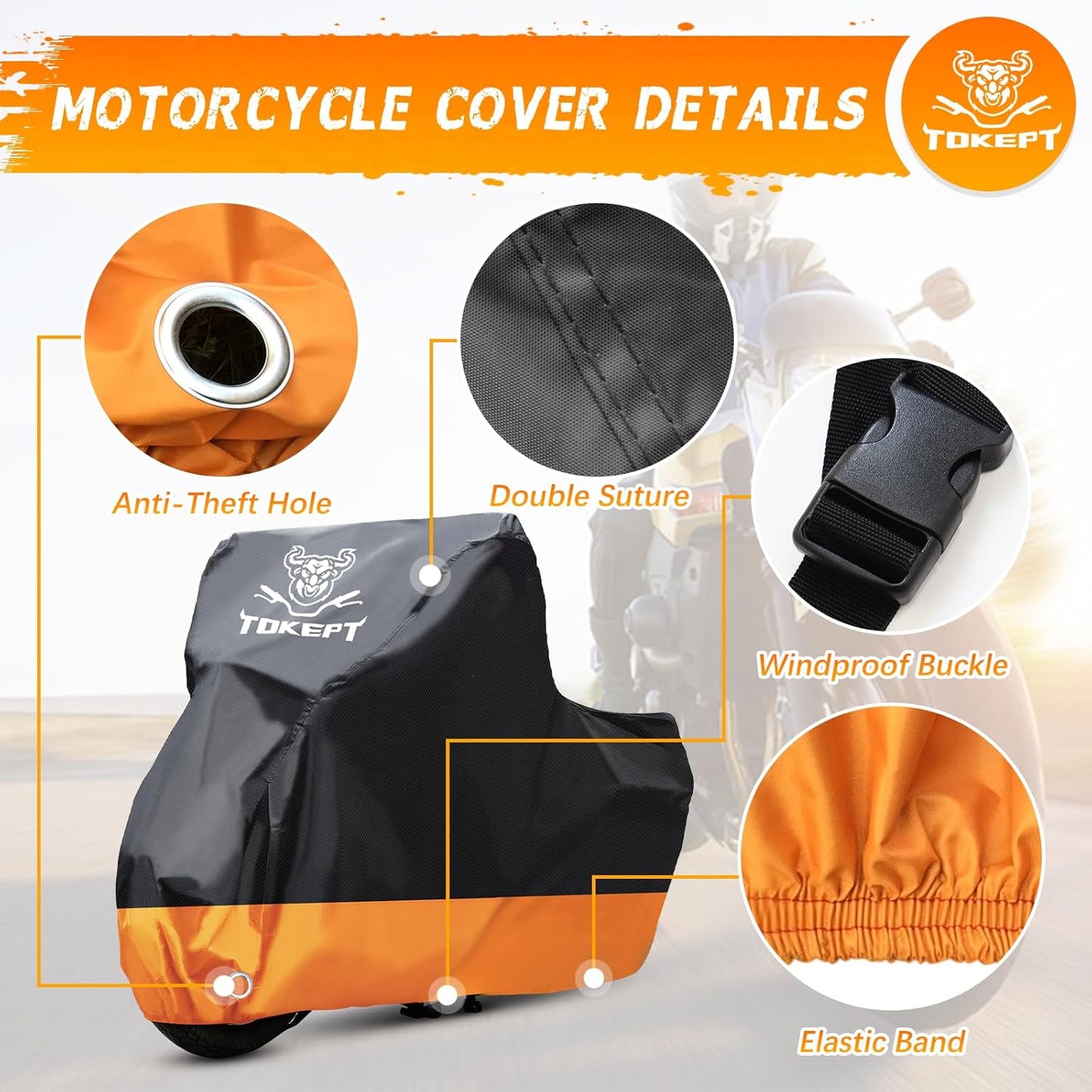 Motorcycle Cover, All-Season Waterproof Outdoor Sun Protection Fit up to 104 Inch Harley-Davidson Honda Suzuki Kawasaki Yamaha (XXL Black&Orange)