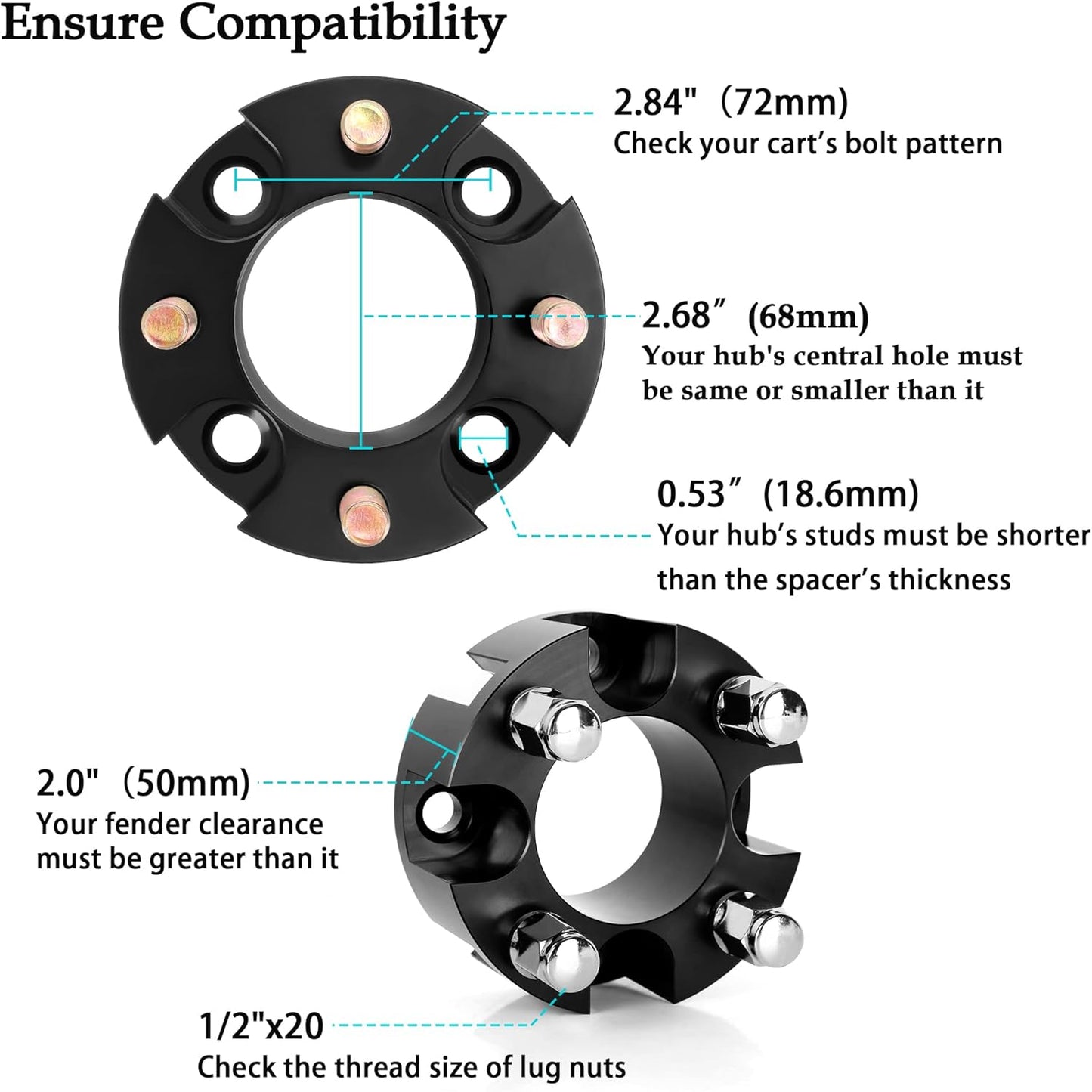 10L0L Golf Cart 2 inch Wheel Spacers for Yamaha, EZGO, Club Car (4x72mm Bolt Pattern, 68mm Hub Bore, 1/2-20 Studs) 4 Pack, Black