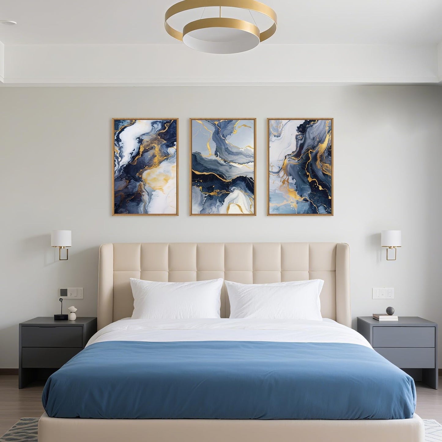 Blue and Gold Framed Canvas Wall Art Set, Mid-Century Modern Abstract Wall Decor, Navy Blue Ink Wash Painting, Neutral Art Print for Living Room, Bedroom, Dining Room, Office - 16"x24"x3