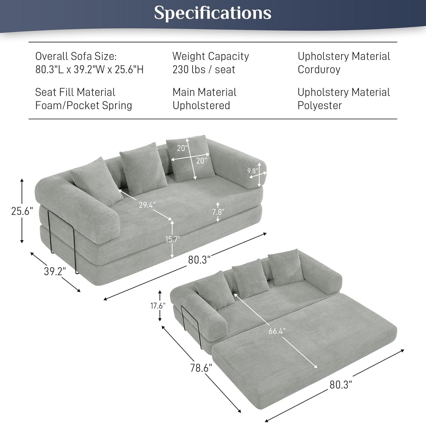 Convertible Sleeper Sofa Bed with Pillow, 4-in-1 Corduroy Folding Mattress Couch with Fixed-Shape Frame, Futon Fold Out Floor Sofa Cama Lounge Couch for Living Room Bedroom, Light Grey